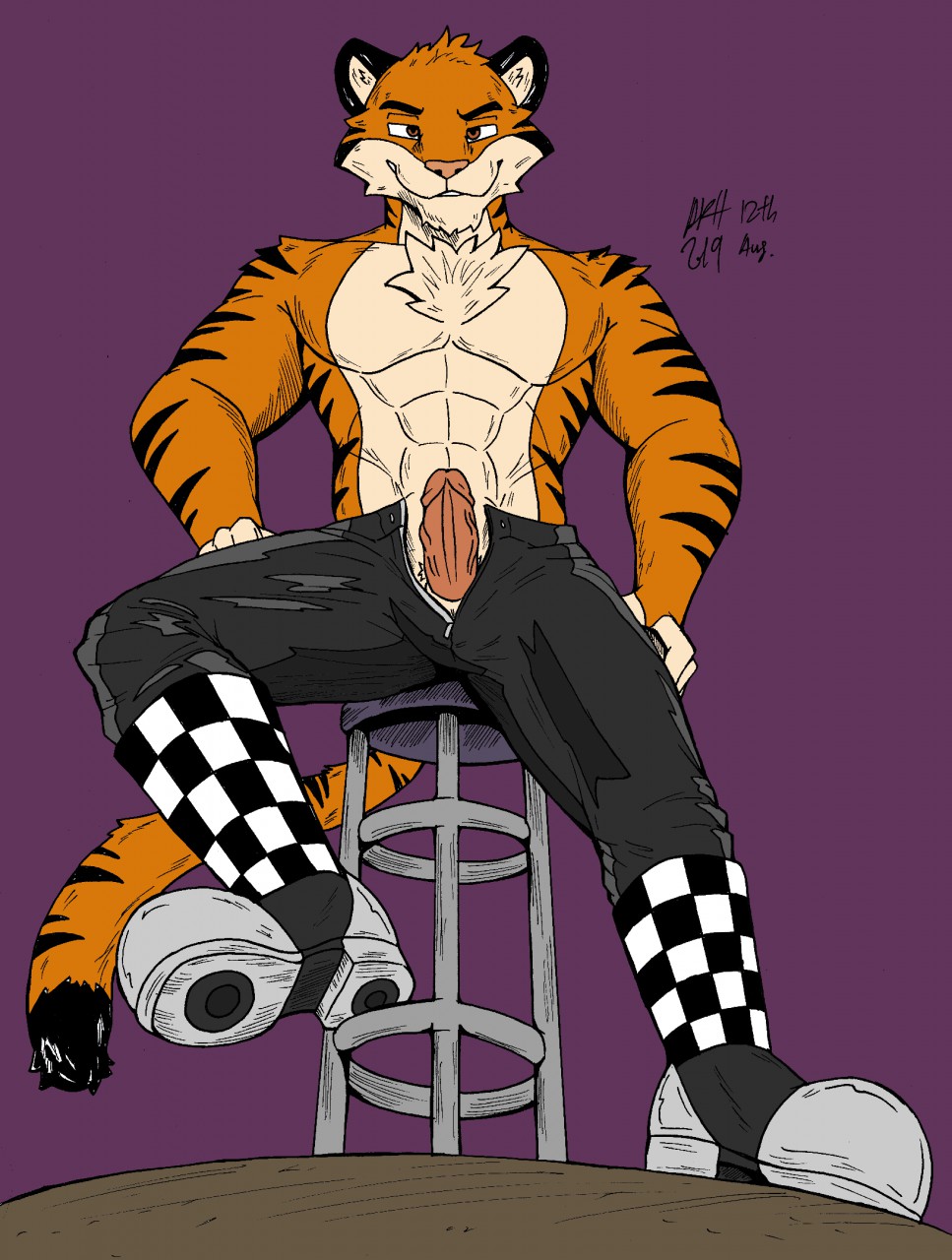 anthro bar_stool boots bottomwear clothing erection felid footwear furniture genitals hi_res leather leather_bottomwear leather_clothing leather_pants male mammal pantherine pants penis rocket_boots sitting solo stool tiger topgearae86turbo