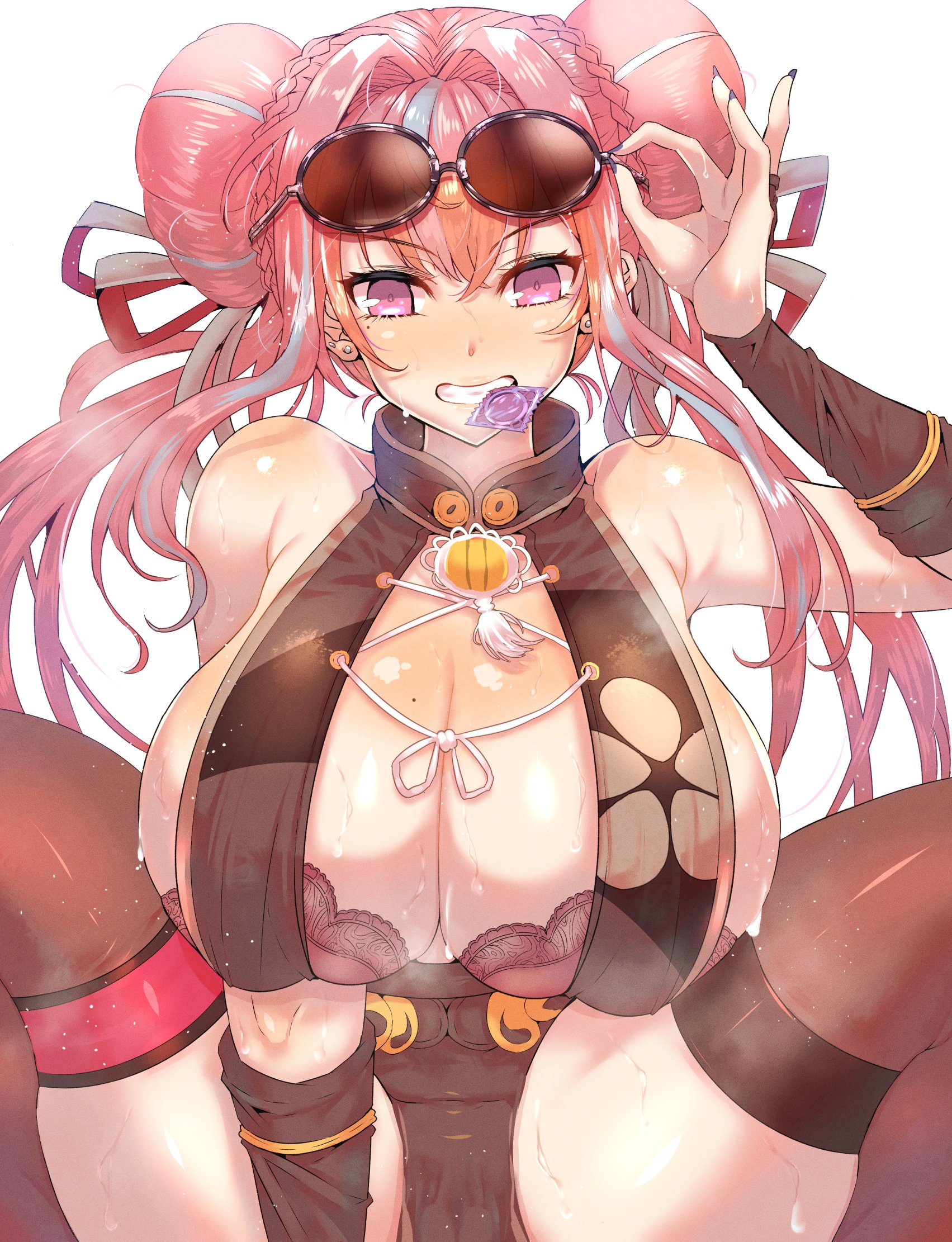 1girls, 2022, azur lane, beauty mark, belly button piercing, blush, bra, breasts, bremerton (azur lane), bremerton (kung fu cruiser) (azur lane), china dress, cleavage, condom, condom in mouth, condom wrapper, eagle union (azur lane), female, hips, huge breasts, light skin, light-skinned female, long hair, mole on breast, mole under eye, necklace, pink eyes, pink hair, short skirt, simple background, skirt, smile, spread legs, squatting, sunglasses, sunglasses on head, sweat, sweaty body, thick thighs, thighhighs, thighs, twin buns, twintails, unopened condom wrapper, wakura (gcdan), wide hips