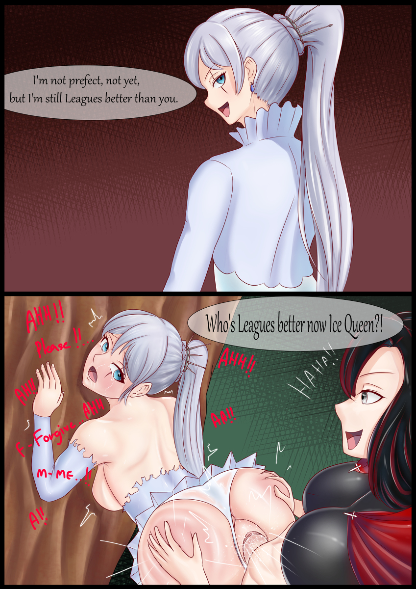 1futa, 1girls, 2koma, asha, ass, bent over, bottomless, breasts, clothed, clothing, dialogue, duo, english, english text, female, forest, fully clothed, futa on female, futanari, human, instant loss, instant loss 2koma, intersex, light skin, light-skinned female, light-skinned futa, mostly clothed, mostly nude, outdoor sex, panties, panties aside, penis, pussy, questionable consent, red hair, ruby rose, rwby, sex, speech bubble, standing, text, torn clothes, torn clothing, tree, underwear, vaginal penetration, weiss schnee, white hair