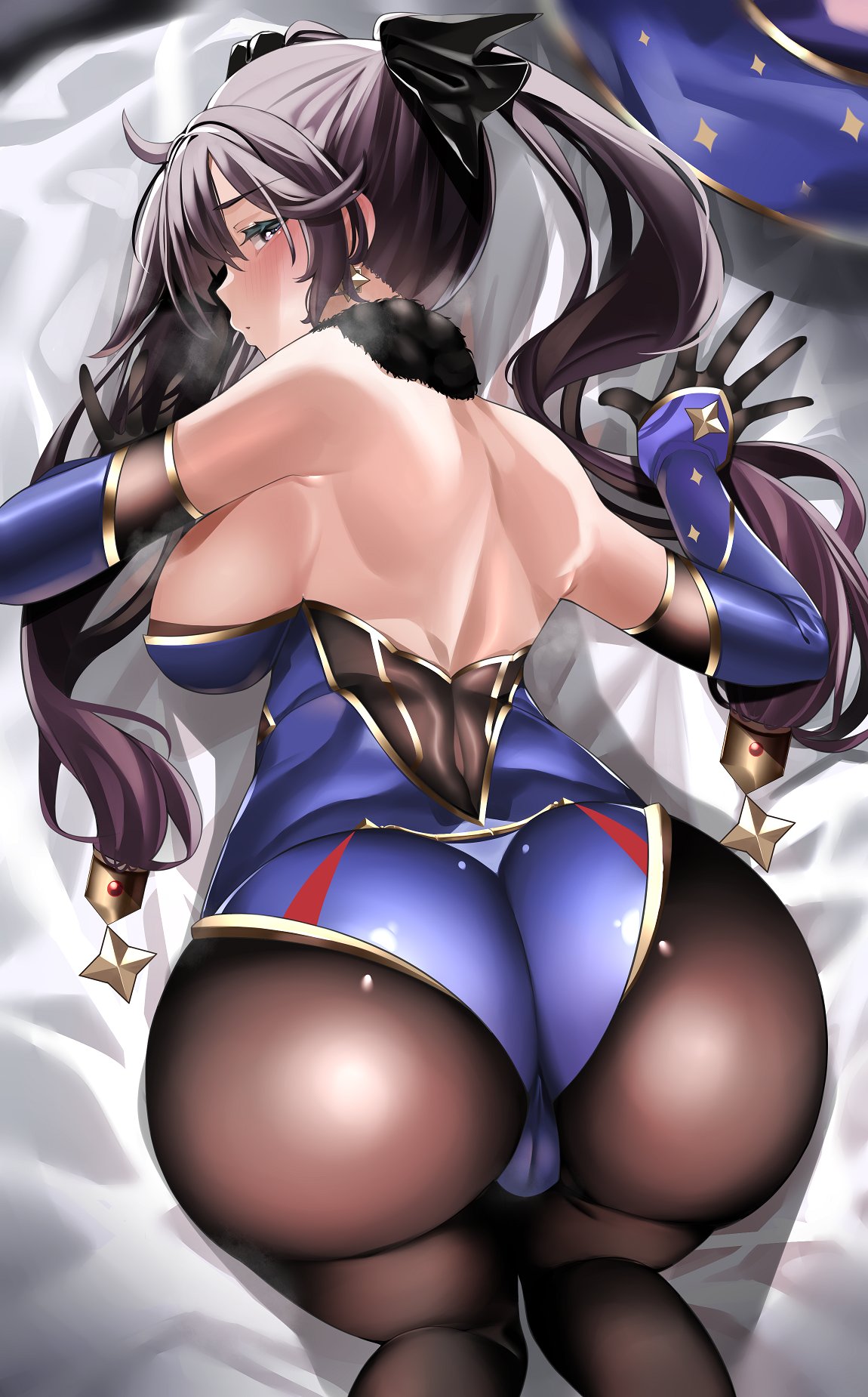 1girls, 2022, alternate breast size, ass, ass focus, ass shot, back, back view, backboob, bending over, bent over, black hair, blush, breasts, bubble ass, bubble butt, feet in stockings, female, female only, genshin impact, grabbing own ass, hi res, highleg leotard, hips, huge ass, indoors, keishi surota, large breasts, leggings, leotard, long hair, mona (genshin impact), no shoes, purple leotard, reaching back, sideboob, slim waist, thick thighs, thighs, tights, twintails, wide hips