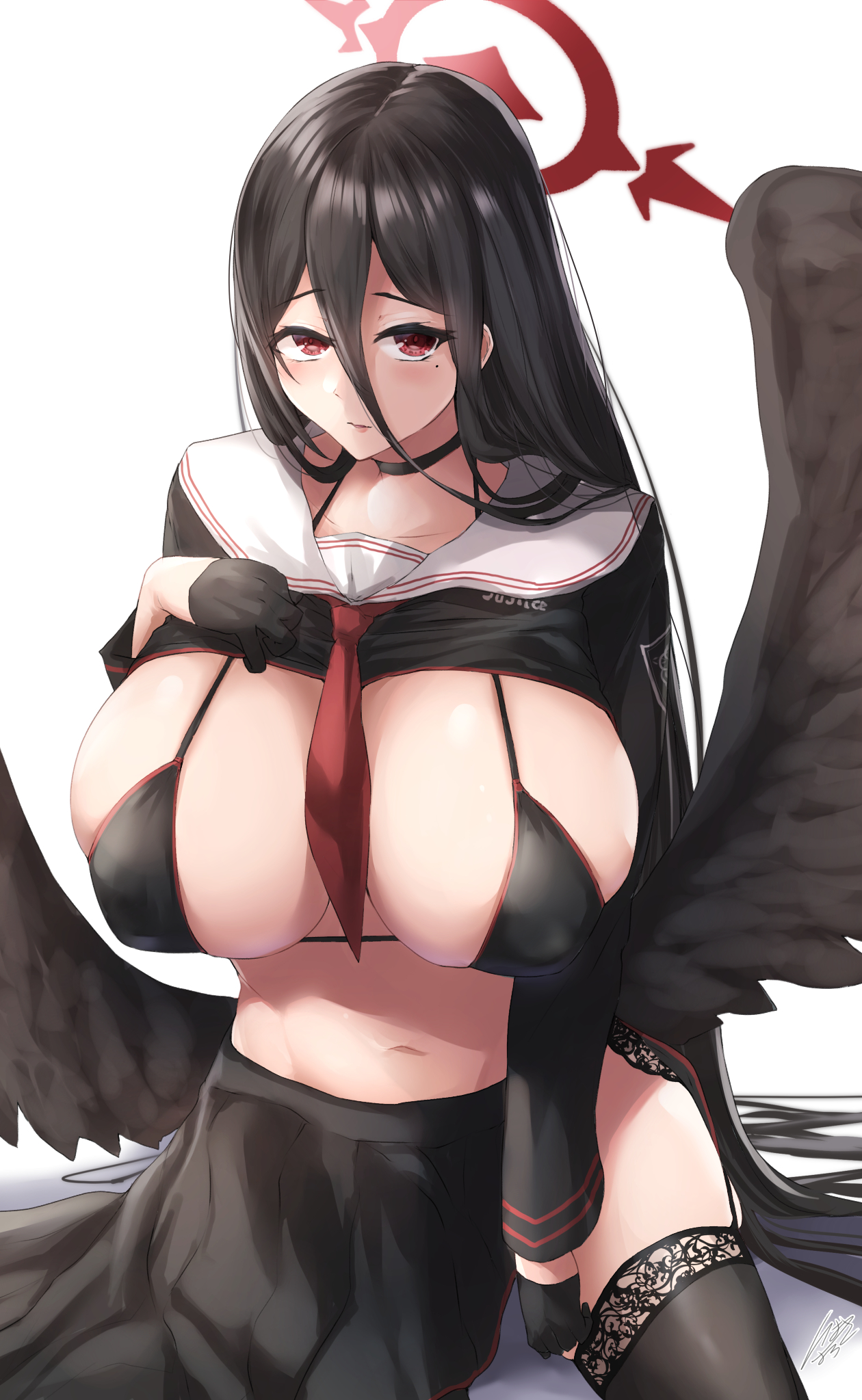 1girls, belly button, black gloves, black hair, blue archive, blush, bra, breasts, female, female only, gloves, halo, hasumi (blue archive), huge breasts, ibara azuki (azk ibr2nd), justice task force (blue archive), light skin, light-skinned female, looking at viewer, red eyes, solo, tie, trinity general school student, wings