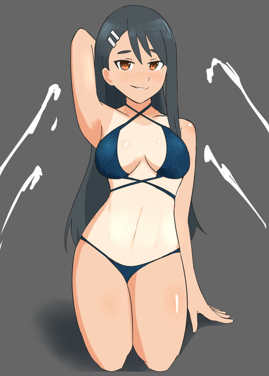 1girls bikini black_hair blush breasts brown_eyes clothed clothing cum cumming cumshot female_only grey_background hairclip hayase_nagatoro kneeling long_hair looking_at_viewer medium_breasts navel oksandio please_don't_bully_me,_nagatoro pose revealing_clothes simple_background solo tan tanline tanned