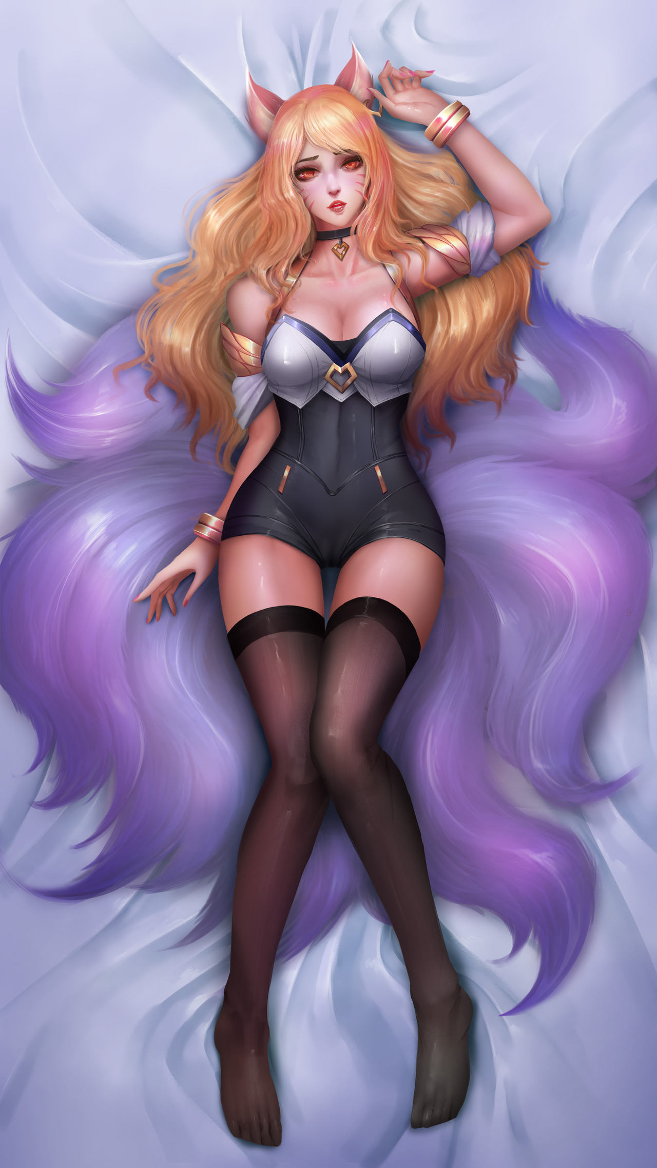 ahri, alternate costume, alternate hair color, alternate hairstyle, animal ear fluff, animal ears, animal girl, big breasts, blonde hair, breasts, busty, child bearing hips, cleavage, clothing, crystal tail, curves, curvy, curvy body, curvy female, curvy figure, curvy hips, eyelashes, eyeliner, eyeshadow, facial markings, female, fluffy, fluffy ears, fox, fox ears, fox girl, fox tail, hips, hourglass figure, humanoid, inner ear fluff, k/da ahri, k/da series, kemonomimi, kitsune, league of legends, light skin, light-skinned female, lips, lipstick, long hair, multi tail, nine tailed fox, pale skin, pale-skinned female, riot games, tail, thighs, uncensored, variant, vastaya, video games, windwalker, yellow eyes