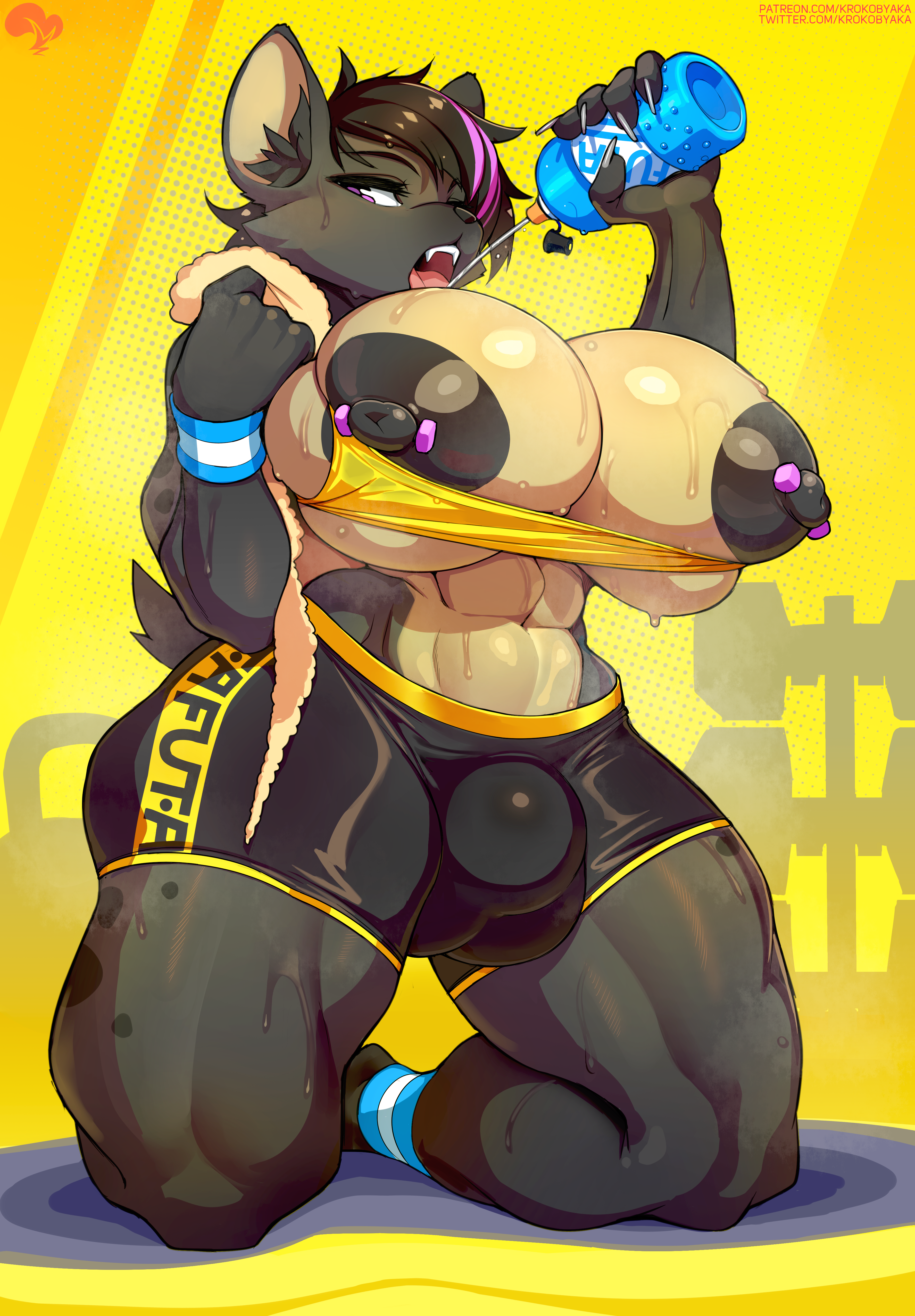 2022, breasts, bulge through clothing, character request, female, furry, furry only, futa focus, futa only, futanari, gym clothes, gym shorts, hyena, hyena ears, hyena girl, intersex, krokobyaka, muscular, muscular anthro, muscular futa, nipple piercings, nipples, original, original character, source request, sweat, sweaty, sweaty body, sweaty breasts, sweaty thighs, tagme (source), towel on shoulder, violet eyes