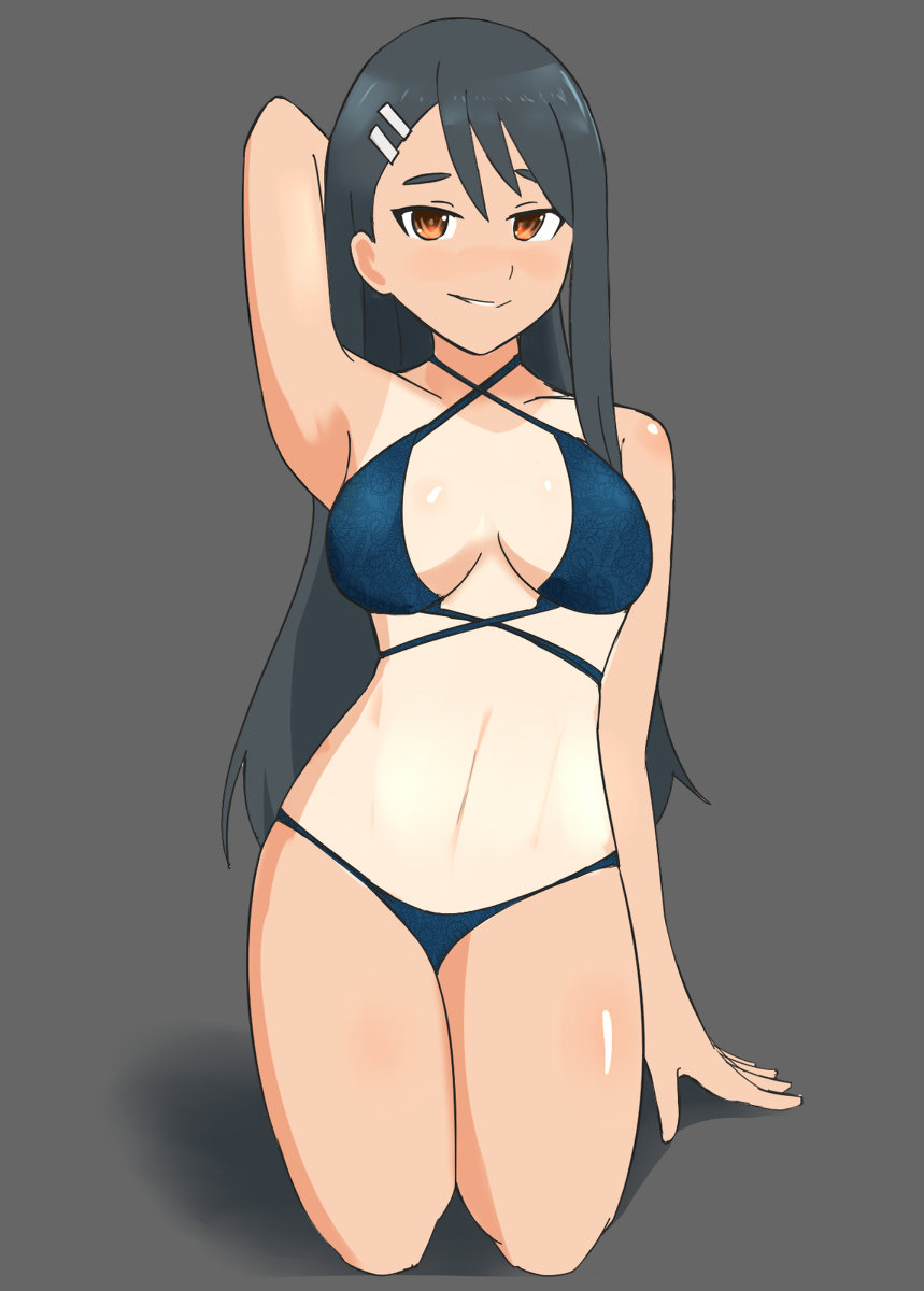 1girls bikini black_hair blush breasts brown_eyes clothed clothing female_only grey_background hairclip hayase_nagatoro kneeling long_hair looking_at_viewer medium_breasts navel oksandio please_don't_bully_me,_nagatoro pose revealing_clothes simple_background solo tan tanline tanned