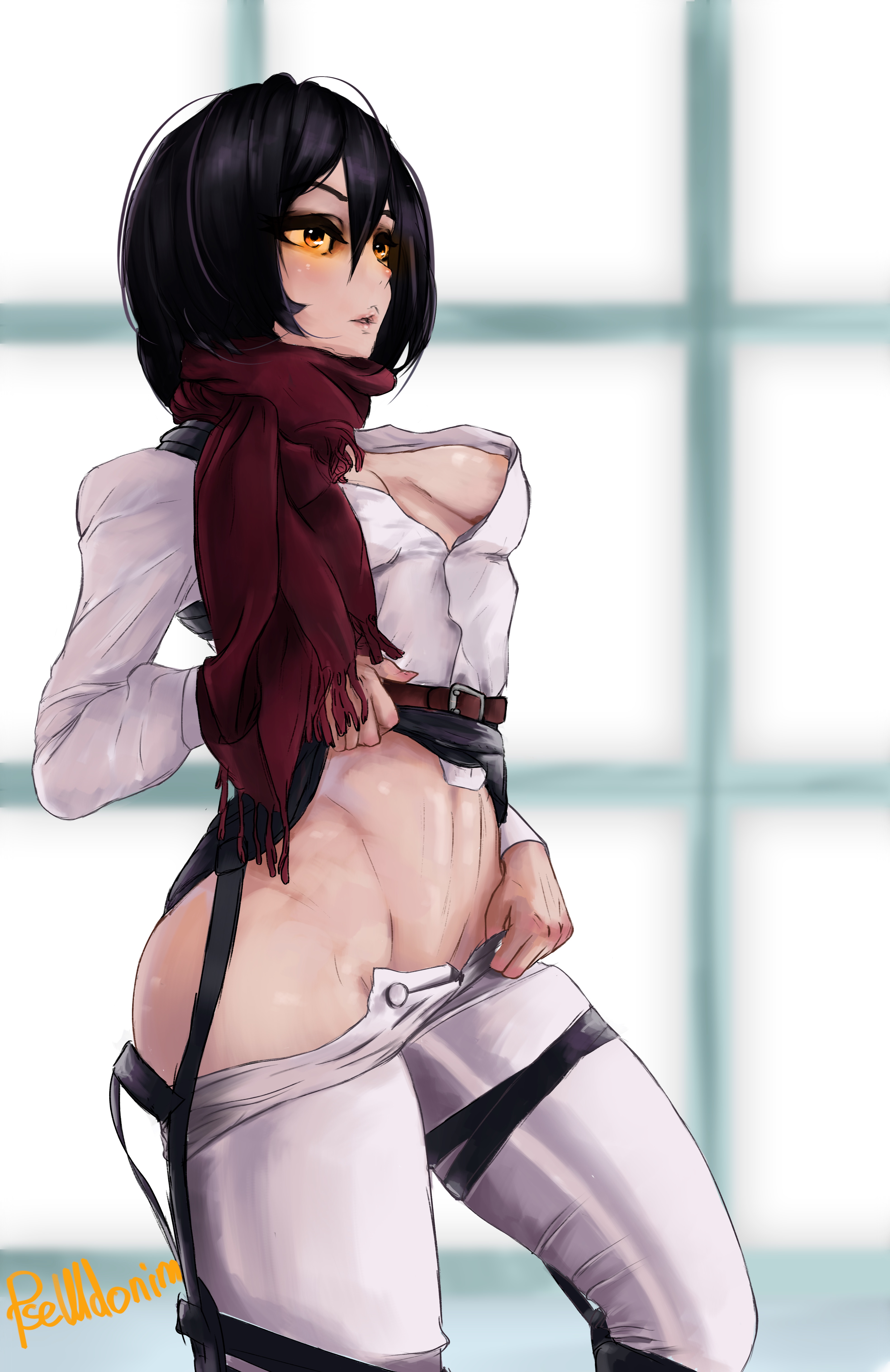 1girls, artist request, ass, attack on titan, breasts, female, female only, mikasa ackerman, shingeki no kyojin, short hair, small breasts, solo, thick thighs, undressing