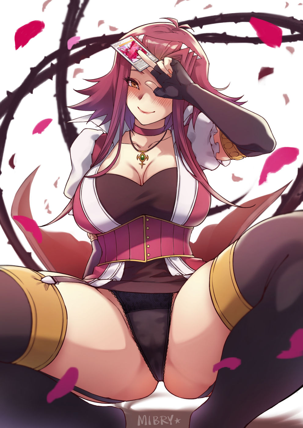 akiza izinski, anus, black garter straps, black legwear, black panties, black sleeves, black stockings, breasts, brown eyes, cleavage, female, izayoi aki, large breasts, long sleeves, looking at viewer, medium hair, mibry (phrysm), necklace, pussy, pussy visible through panties, red collar, red hair, sleeves past elbows, smiling, spread legs, squatting, thick thighs, thighhighs, thighs, uncensored, underwear, wide hips, yu-gi-oh!, yu-gi-oh! 5d's