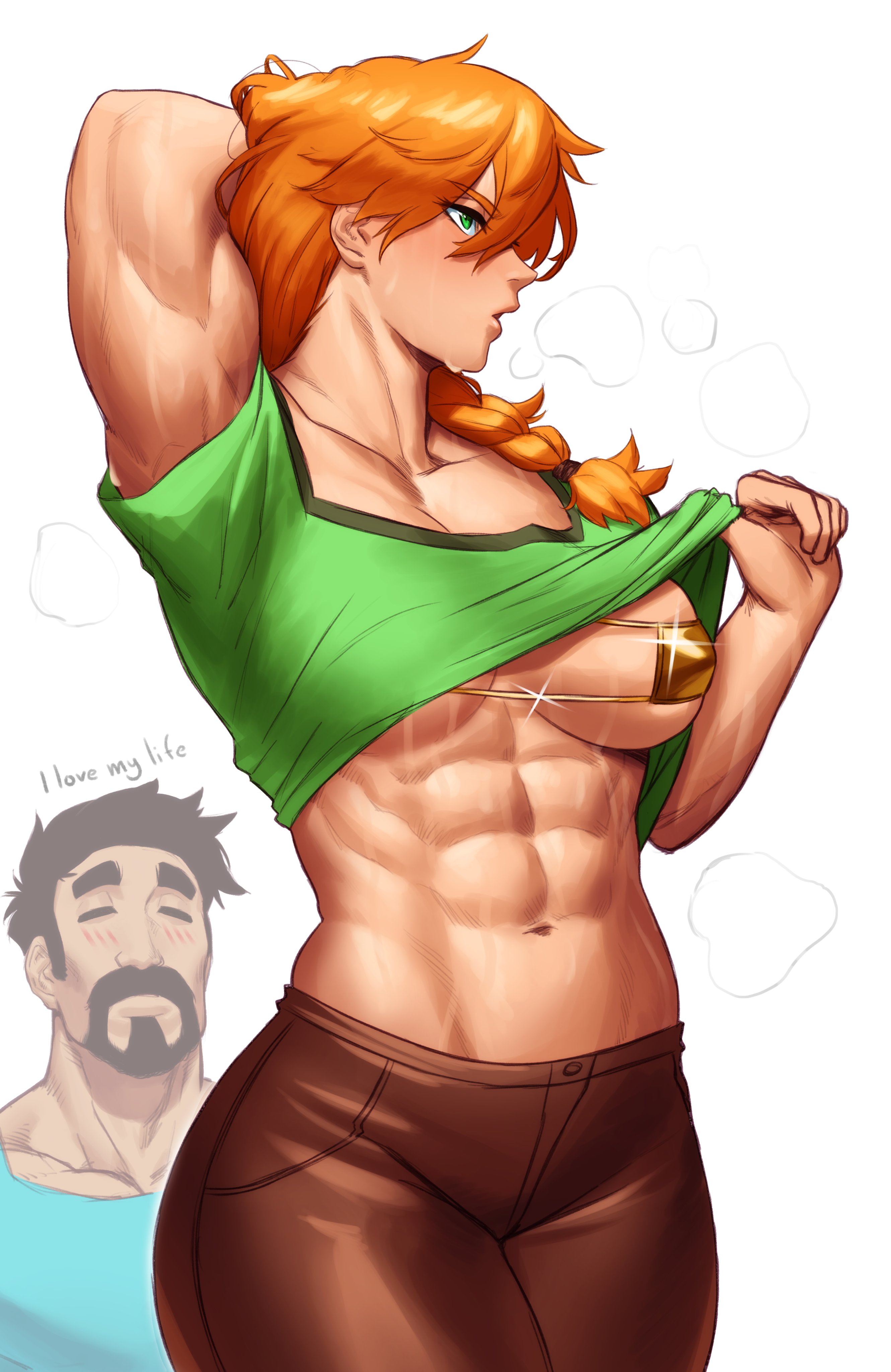 1boy, 1girls, abs, absurd res, alex (minecraft), biceps, blush, bottomwear, bra, braid, casual, clothing, english text, female, female focus, green eyes, hi res, human, male, minecraft, muscular, muscular arms, muscular female, navel, orange hair, pale skin, simple background, sotcho, steve (minecraft), text, topwear, white background