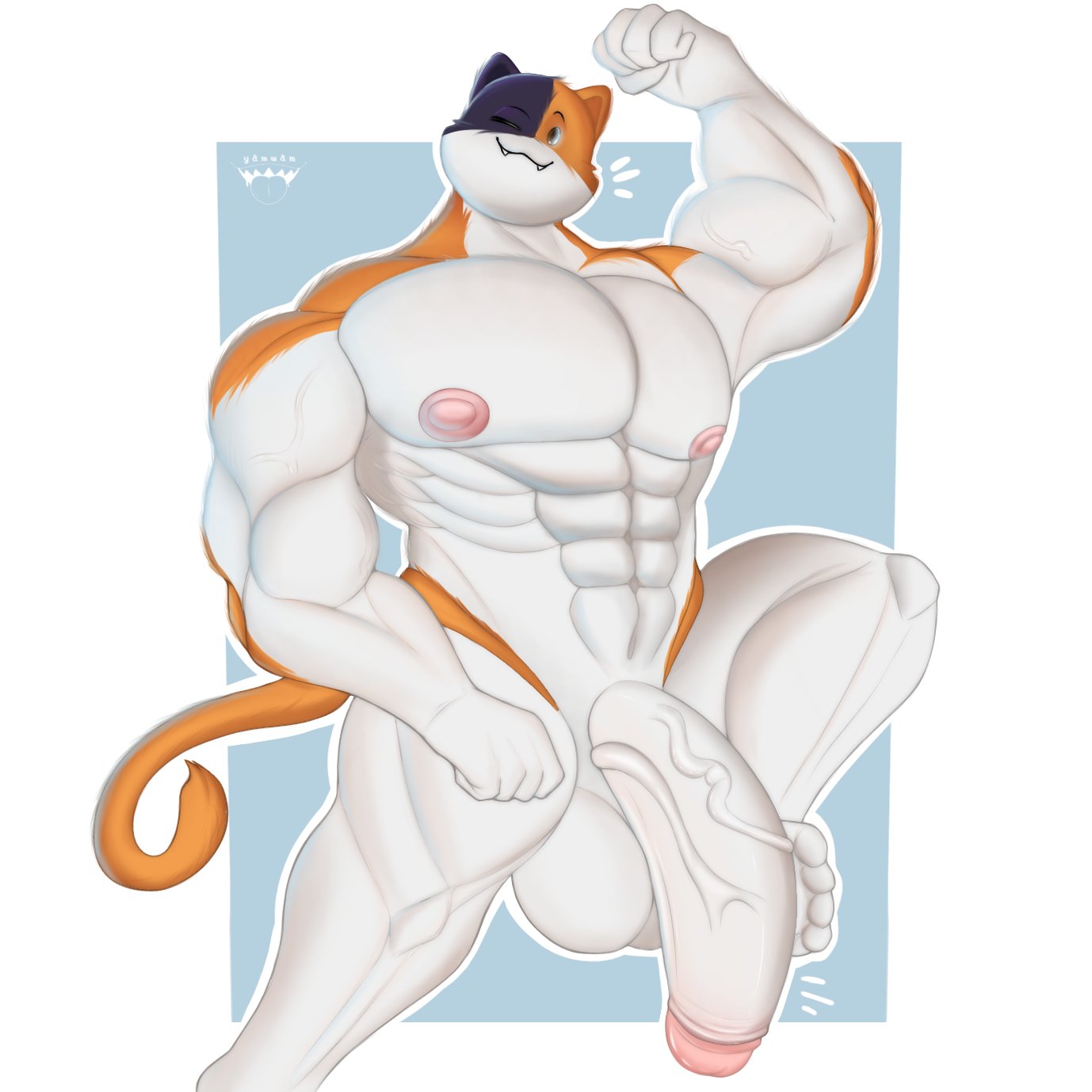 :3 abs anthro big_balls big_nipples big_penis breasts calico_cat cat_ears cat_humanoid chest feline feline_humanoid fortnite furry furry_only genitals male male_focus male_only mammal mammal_humanoid meowscles_(fortnite) multicolored_body multicolored_fur muscles muscular_male nipples pecs solo solo_focus solo_male tail tits yamwamm