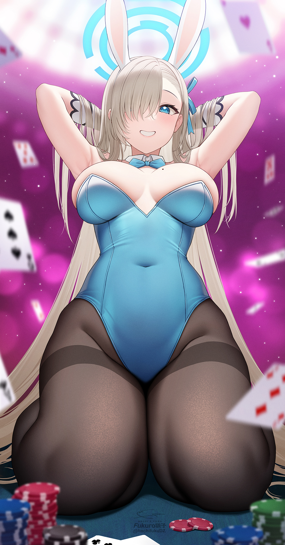 1girls asuna_(blue_archive) asuna_(bunny)_(blue_archive) big_breasts black_legwear blue_archive blue_eyes blush breasts bunny_ears bunnysuit casino cleaning_&_clearing_(blue_archive) collar elbows female female_only fukuro_ko_(greentea) grin hair_over_one_eye halo hands_behind_head happy kneeling knees legwear light-skinned_female long_hair looking_at_viewer millennium_science_school_student mole mole_on_breast navel_visible_through_clothes pantyhose playing_cards pov smile solo teeth thick_thighs thighs very_long_hair white_hair