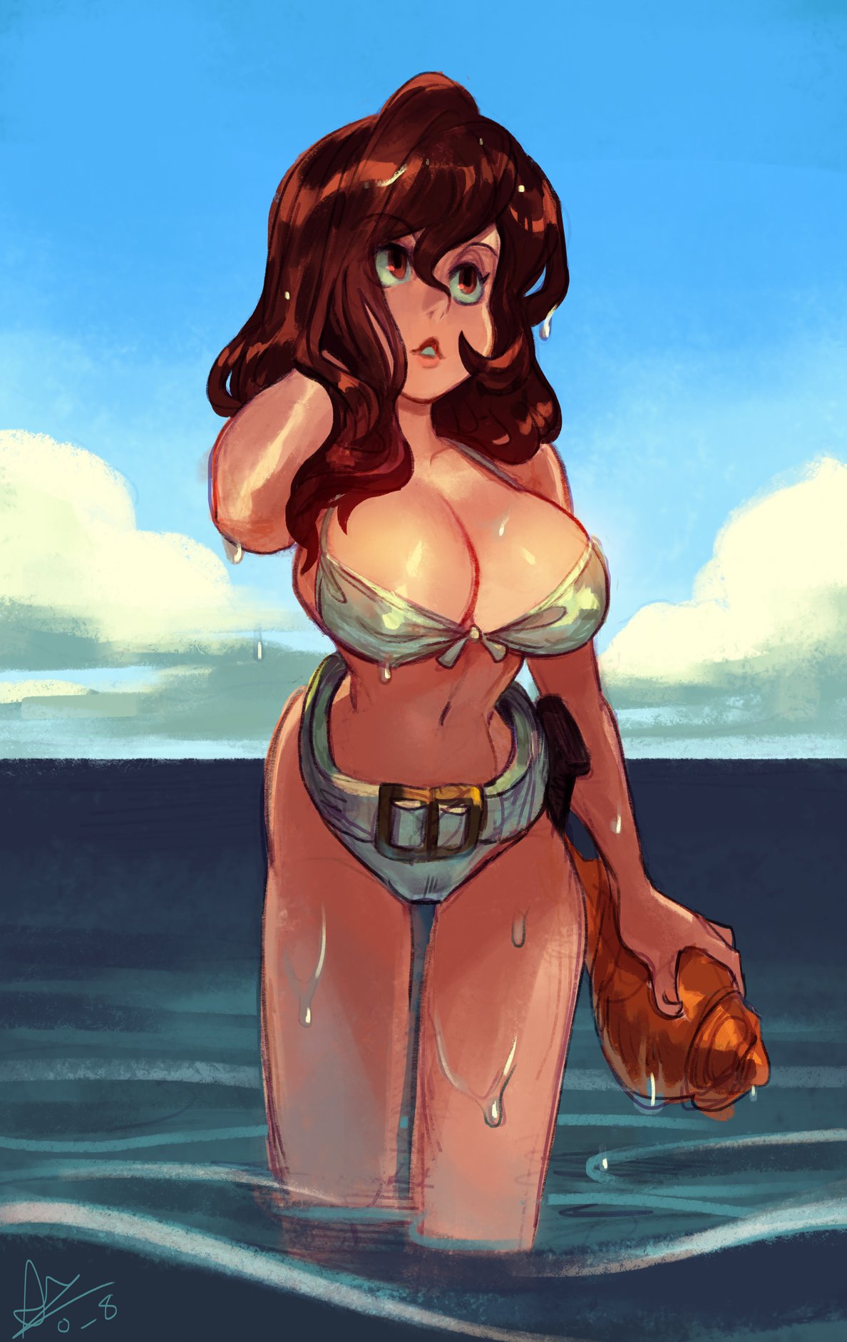 1girls 2021 alex_ahad beach bikini brown_eyes brown_hair cleavage dr._no_(1962) huge_breasts james_bond_(series) long_hair lupin_iii manga_action mine_fujiko reference_image seaside tms_entertainment voluptuous wet