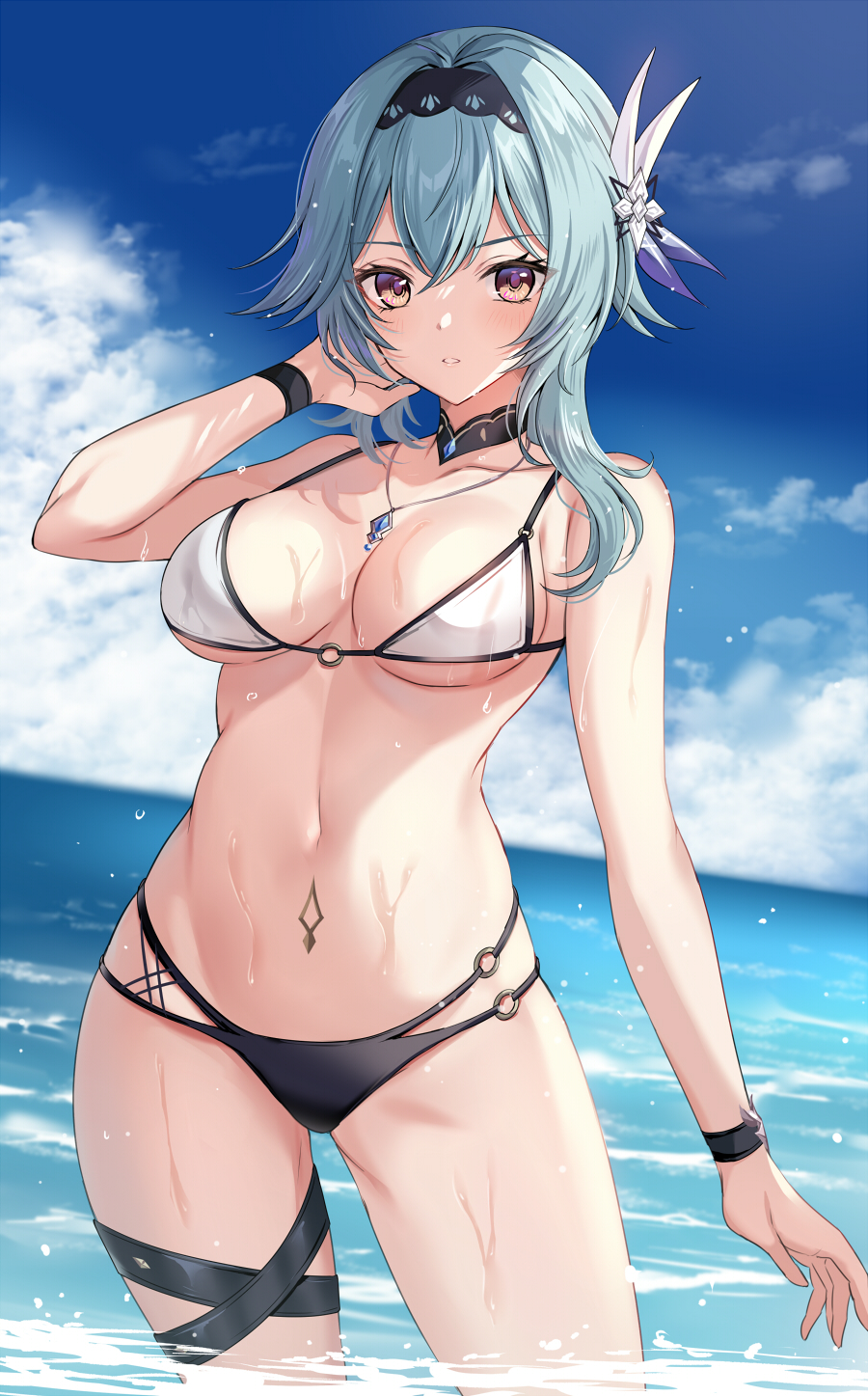 1girls, beach, bikini, blue hair, blush, breasts, eula (genshin impact), female, female only, genshin impact, looking at viewer, medium breasts, navel piercing, necklace, ocean, sky, solo, swimwear, water, wet
