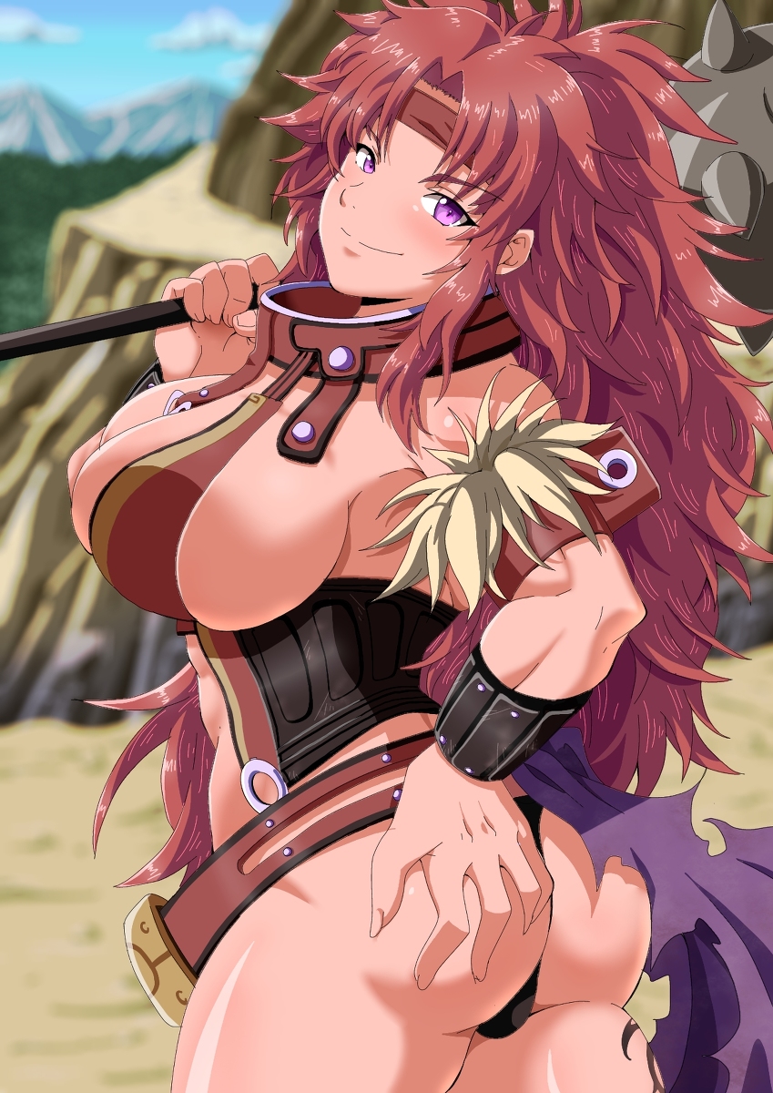 1girls arm_strap ass bandana belt big_breasts black_panties blush_lines bracelet breasts collar eyebrows_visible_through_hair female hand_on_ass hand_on_butt large_breasts light-skinned_female light_skin long_hair looking_at_viewer mountain muscular muscular_female outside panties purple_eyes queen's_blade red_hair revealing_clothes risty ryohei_29 smile smiling solo solo_female solo_focus tan thong turtleneck vambraces very_long_hair weapon