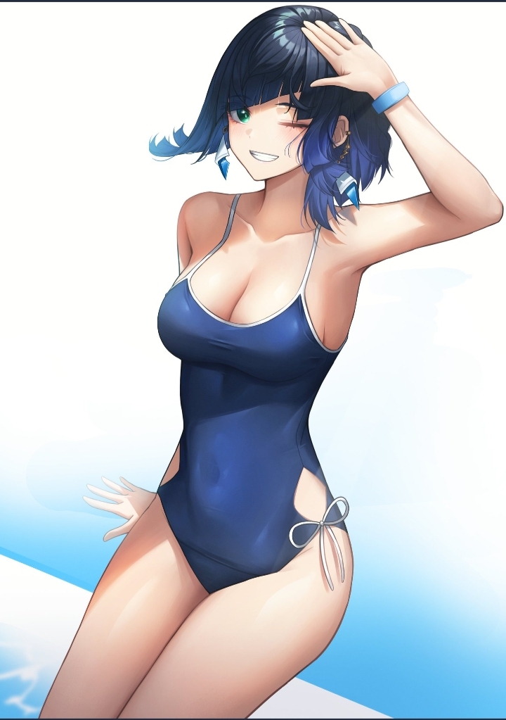 1girls blue_eyes blue_hair blue_swimsuit breasts earrings female_focus female_only genshin_impact gradient_background gradient_hair medium_breasts solo_focus sora_(artist) standing swimsuit water wink winking yelan_(genshin_impact)