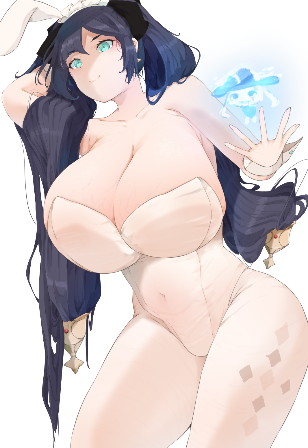 1girls, 2022, alternate breast size, aqua eyes, artist request, black hair, bodystocking, breasts, bunny ears, bunny girl, cleavage, female, female only, genshin impact, hair ornament, hips, huge breasts, long hair, looking at viewer, low-angle view, mona (genshin impact), smile, thick thighs, thighs, twintails, wide hips