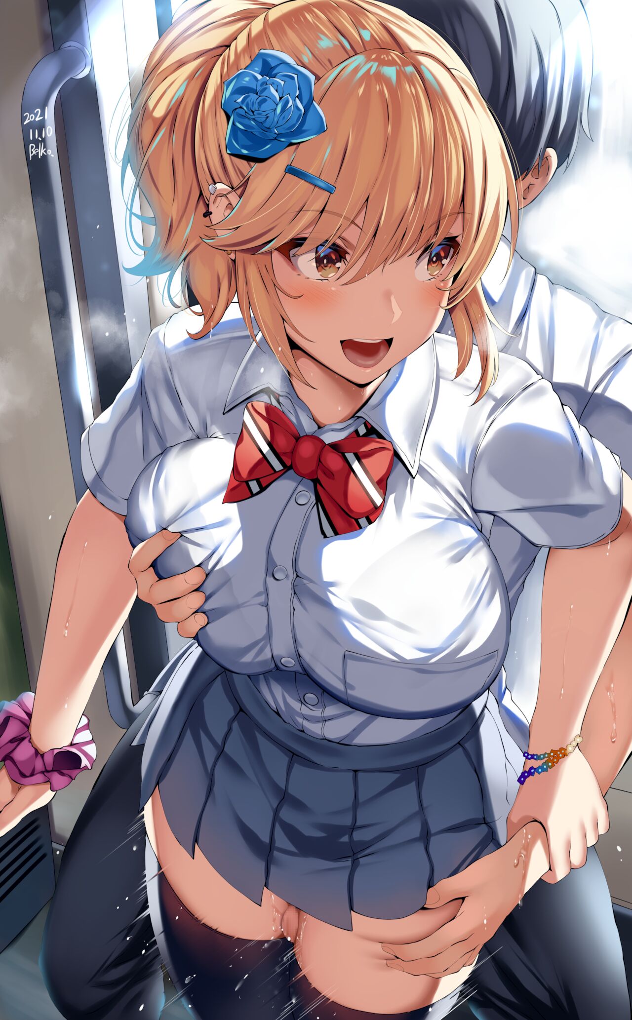1boy, belko, blonde female, blonde hair, breasts, censored, female, huge breasts, love live!, love live! nijigasaki high school idol club, male, miyashita ai, mosaic censoring, orange eyes, penis, side ponytail, thick thighs, thigh, thigh sex