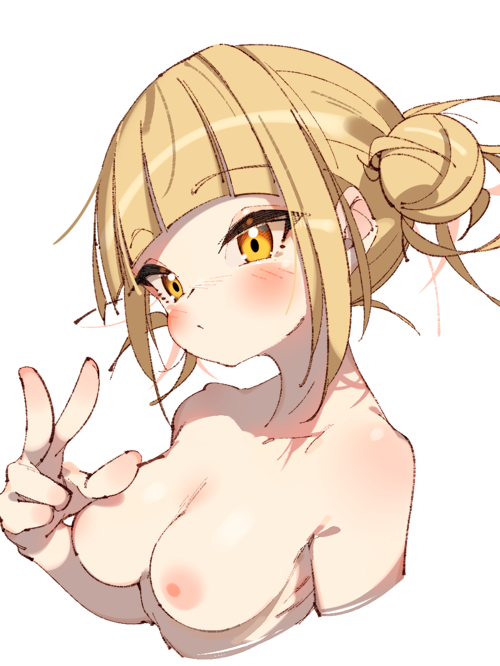 blonde_hair blush breasts completely_nude eyebrows_visible_through_hair female hair_bun highres himiko_toga large_breasts looking_at_viewer my_hero_academia nipples nude rasusurasu short_hair simple_background single_hair_bun solo w white_background yellow_eyes