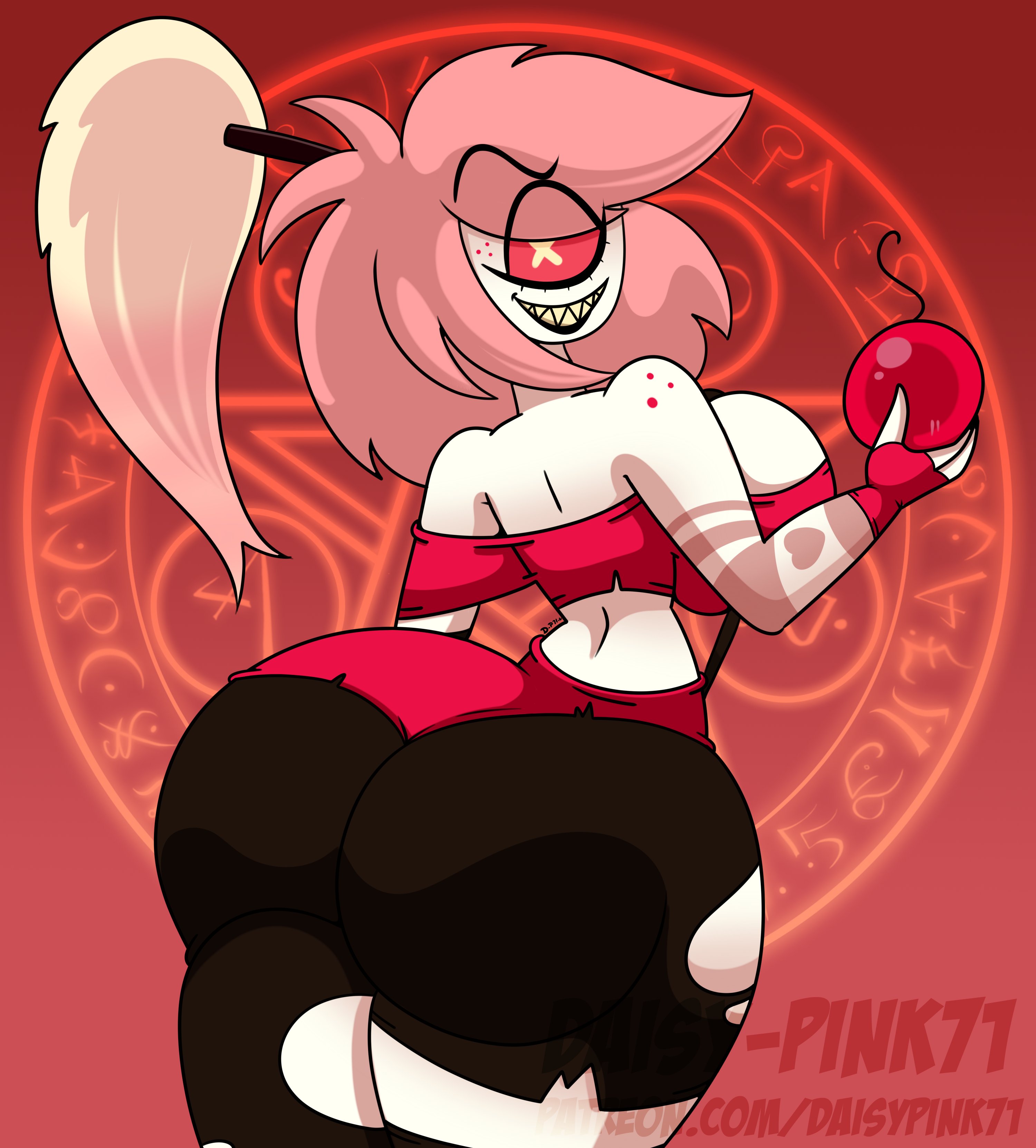 1 eye, 1girls, 2022, ass, ass focus, back view, backboob, big ass, big breasts, bomb, bottom heavy, breasts, bubble ass, bubble butt, cherri bomb, child bearing hips, cyclops, daisy-pink71, demon, demoness, female, female only, freckles, giant ass, gigantic ass, hazbin hotel, hourglass figure, huge ass, huge breasts, large ass, large breasts, long hair, looking at viewer, looking back, ponytail, sharp teeth, small waist, smile, smirk, smirking at viewer, smooth skin, thick ass, thick legs, thick thighs, thin waist, thunder thighs, top heavy, torn clothes, torn legwear, torn pants, voluptuous, weapon, white skin, wide hips, x pupil