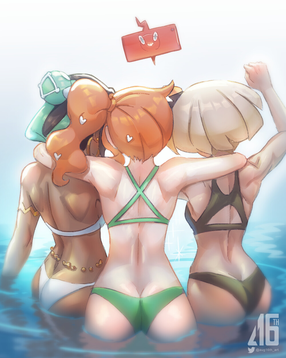 3girls, arm up, arms around neck, ass, ass cleavage, ass crack, aug16th, bea (pokemon), belly chain, bikini, black bikini, black hair, blonde hair, breasts, butt crack, clenched hand, dark skin, dark-skinned female, earrings, female, female only, from behind, green bikini, green hair, hair bun, hair ornament, heart, heart hair ornament, highres, hoop earrings, jewelry, light skin, light-skinned female, multicolored hair, multiple females, multiple girls, nessa (pokemon), nintendo, orange hair, orange-haired female, pokémon (species), pokemon, pokemon (species), pokemon ss, ponytail, ripples, rotom, rotom phone, shiny, shiny skin, shoulder blades, side ponytail, silver hair, sonia (pokemon), swimsuit, wading, water, watermark, wedgie, white bikini