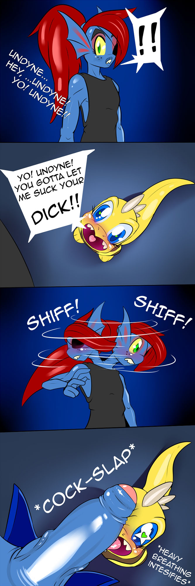 1boy, 1futa, 2d, age difference, anthro, big penis, blue skin, comic, cub, dickgirl, dickgirl/male, english text, erect penis, erection, futa on male, futa/male, futanari, heart-shaped pupils, height difference, huge cock, humanoid, imminent sex, intersex, intersex/male, larger futa, male, male cub, malesub, monster, monster kid, penis, penis awe, penis on face, penis out, penis slap, size difference, smaller male, tagme, talking, text, undertale, undertale (series), undyne, white crest, yellow skin, young, younger male