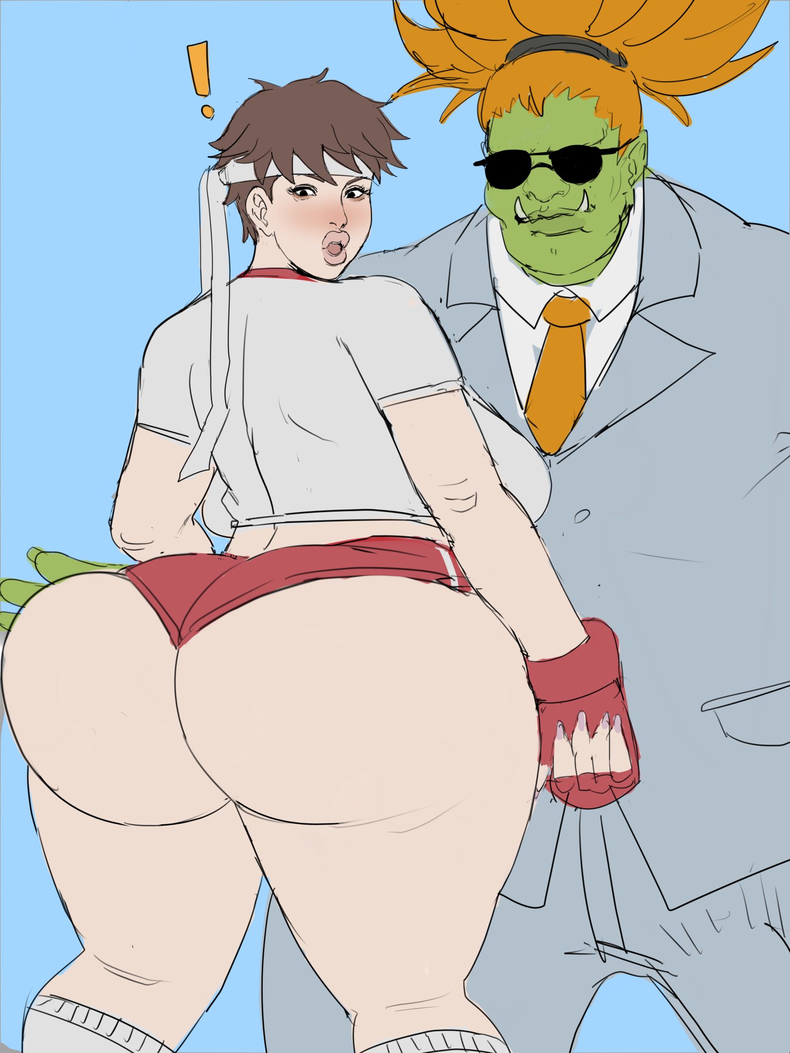 1boy, 1girls, ass, ass focus, big ass, big butt, bimbo, blanka, breasts, brown hair, busty, curvy, female, green skin, headband, huge ass, imminent sex, male, sakura kasugano, street fighter, suit, tagme, thick lips, thick thighs, venus body, voluptuous, wide hips, ysr3215