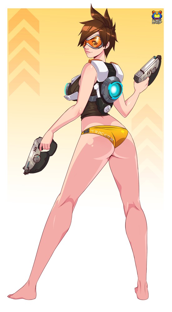 ass barefoot female female_only gun guns kyoffie legs looking_back overwatch panties pistols short_hair solo standing tracer weapons