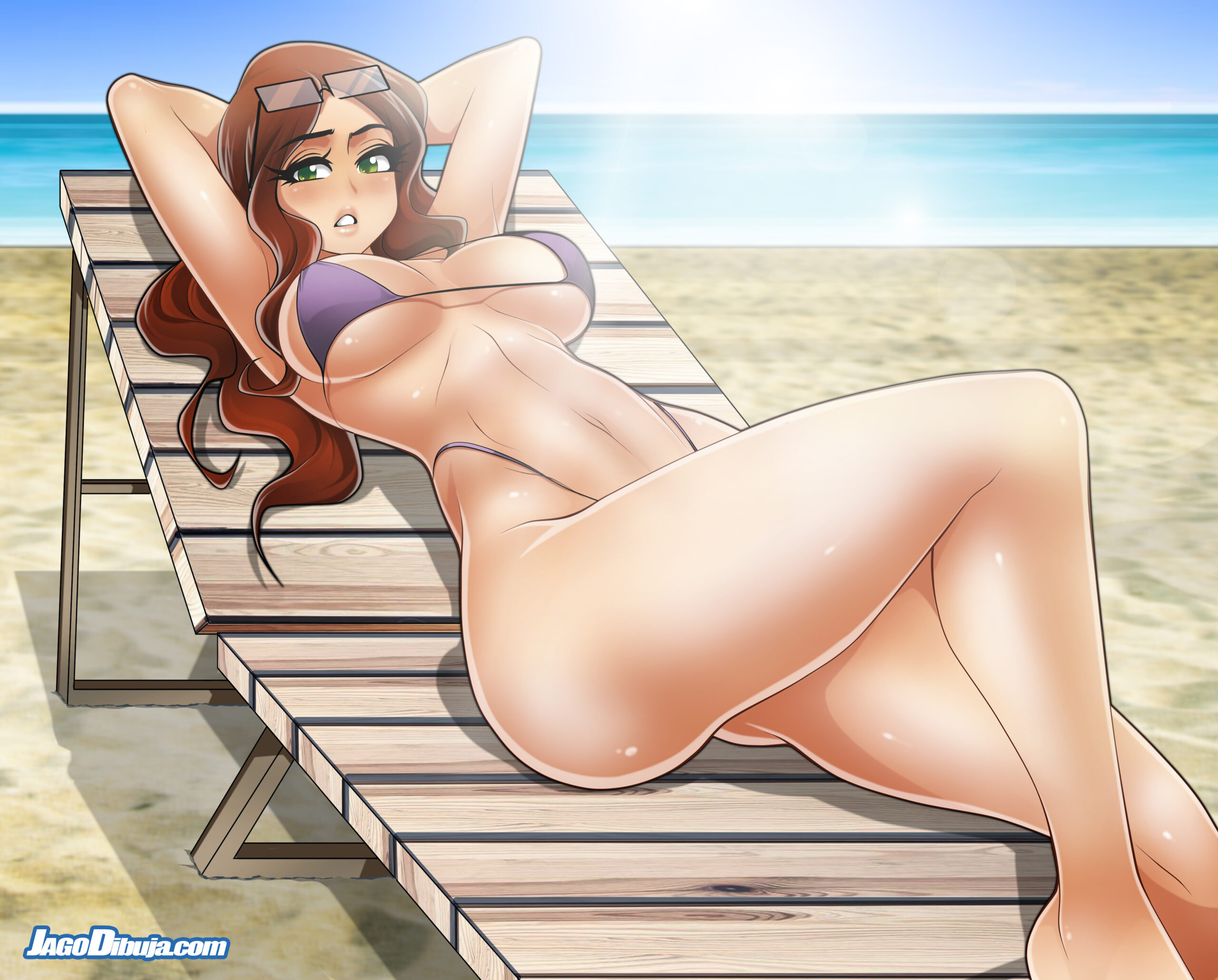1girls, beach, big breasts, bikini, breasts, female, female only, glasses, green eyes, jago dibuja, large breasts, living with hipstergirl and gamergirl, looking at viewer, lying on back, red hair, seaside, sophie (living with hipstergirl and gamergirl), voluptuous