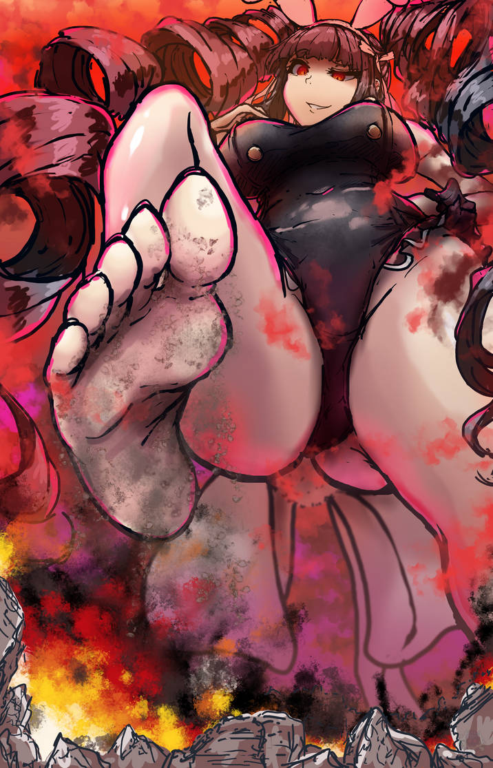 ass, black hair, breasts, bunny ears, bunnysuit, celestia ludenberg, danganronpa, danganronpa: trigger happy havoc, destruction, dirty feet, drill hair, feet, female, fire, foot fetish, foot focus, giantess, huge ass, huge breasts, huge thighs, red eyes, straight hair