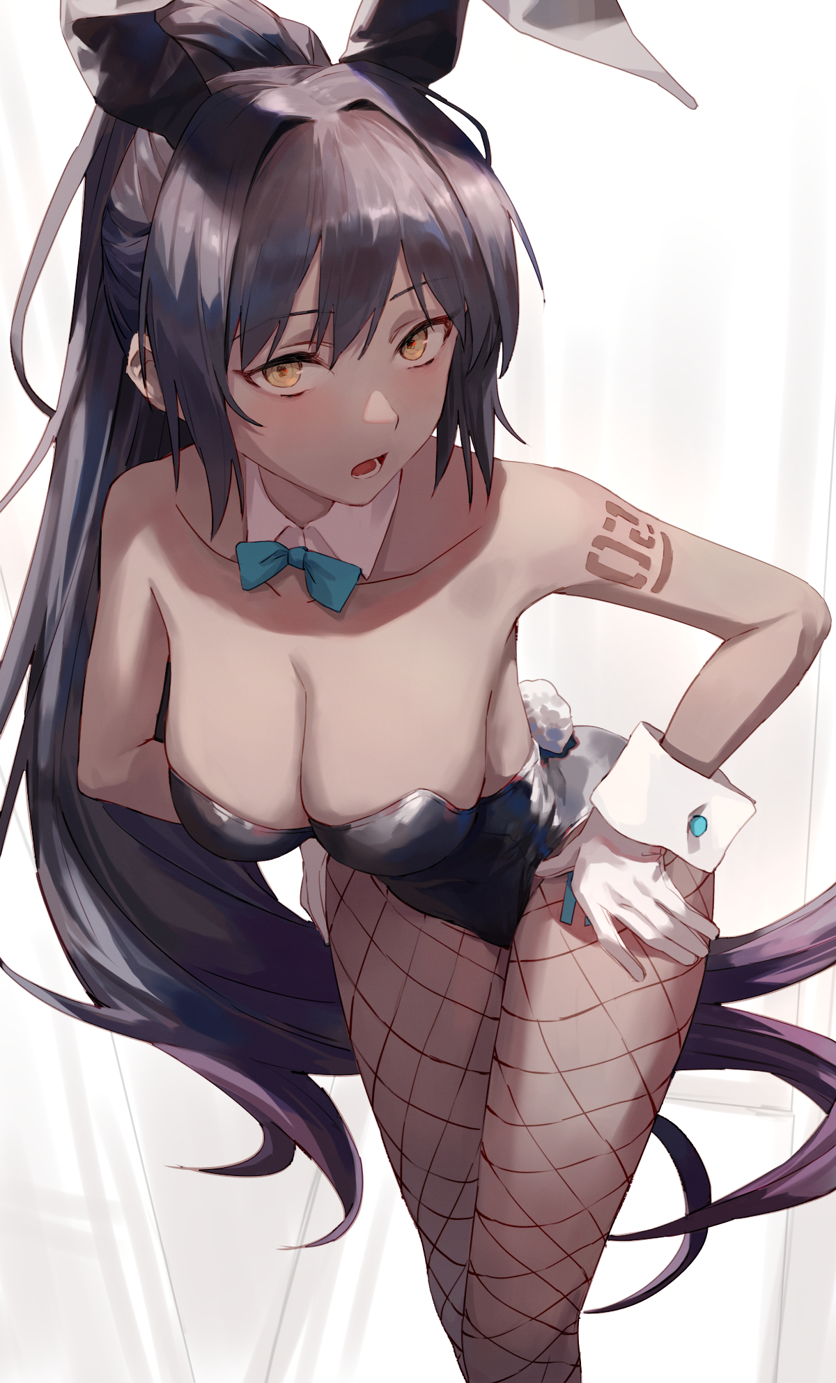 1girls, animal ears, bare shoulders, bending forward, black hair, black leotard, blue archive, breasts, brown skin, bunny ears, bunny girl, bunny tail, bunnysuit, cleavage, collarbone, dark skin, dark-skinned female, fake animal ears, female, fishnet legwear, fishnets, gloves, high ponytail, karin (blue archive), karin (bunny) (blue archive), large breasts, legwear, leotard, looking at viewer, playboy bunny, ponytail, solo, tattoo, tesin (7aehyun), thighs, yellow eyes