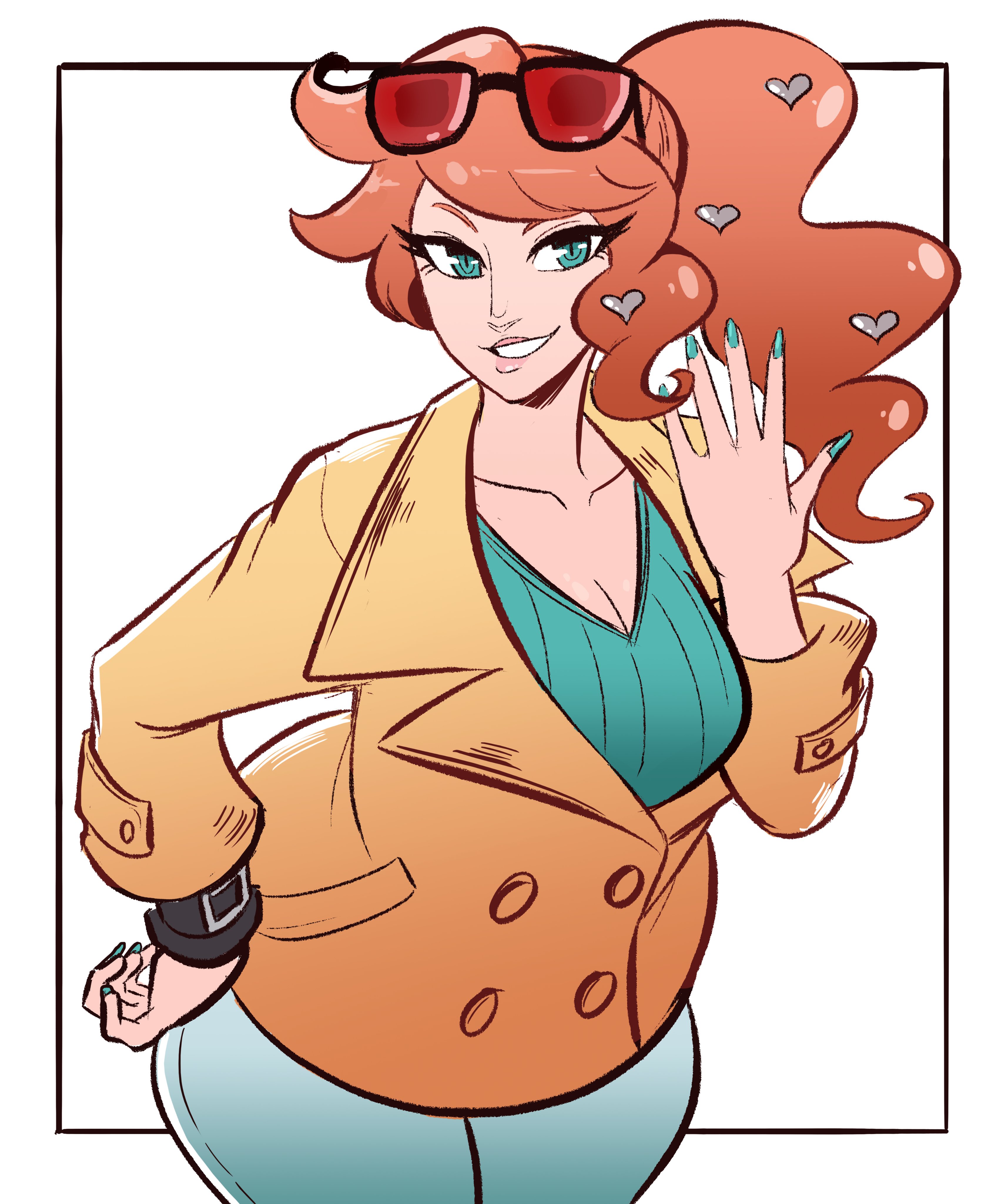 breasts, eyewear on head, female, green eyes, pink lips, pokemon, pokemon ss, scruffyturtles, sonia (pokemon), sunglasses, sunglasses on head, thick thighs