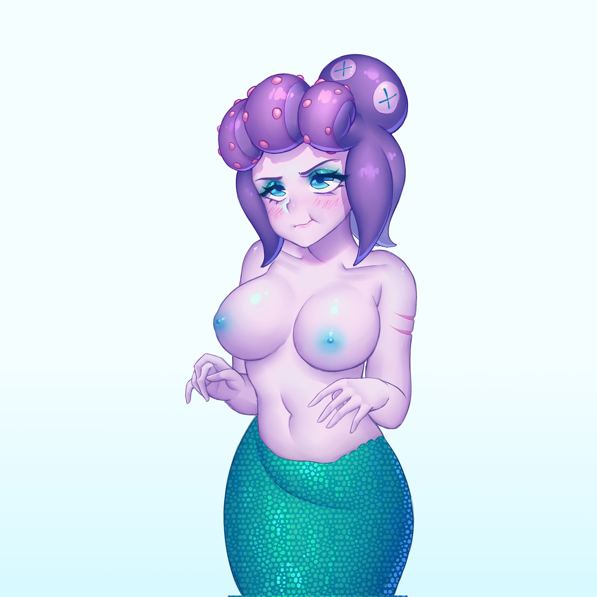 artist request, big breasts, breasts, cala maria, cuphead (game), cute, exposed breasts, female, merfolk, mermaid, purple hair, purple skin, smirk
