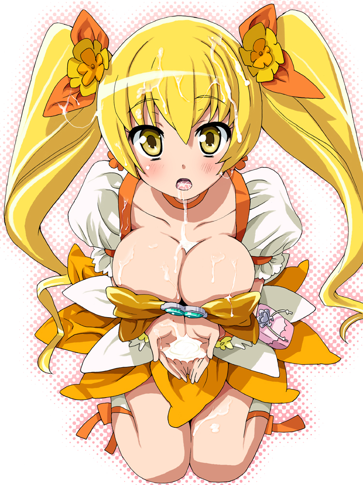 blonde_hair blush breasts cleavage clothing cum cum_in_mouth cum_on_body cum_on_breasts cum_on_upper_body cure_sunshine heartcatch_precure! homing_(areya) kneeling large_breasts magical_girl myoudouin_itsuki precure pretty_cure skirt tied_hair twintails yellow_eyes