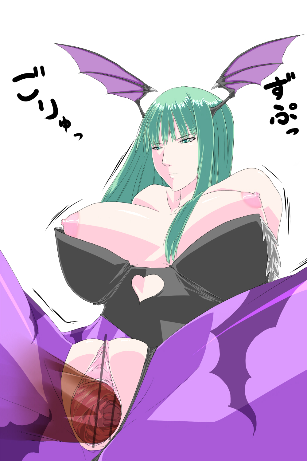 aqua_hair breasts censored clothed_sex clothing darkstalkers demon_girl head_wings headwings highres huge_breasts large_breasts morrigan_aensland nipple_slip nipples pointless_censoring saikki succubus translation_request