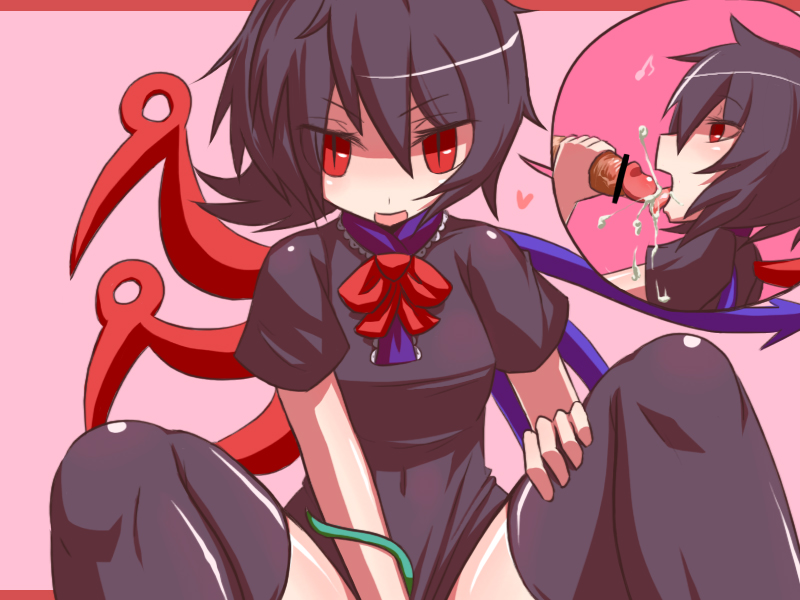 black_hair black_legwear black_thighhighs censored cum cum_in_mouth fellatio hakika navel nue_houjuu oral penis red_eyes short_hair slit_pupils solo thighhighs touhou