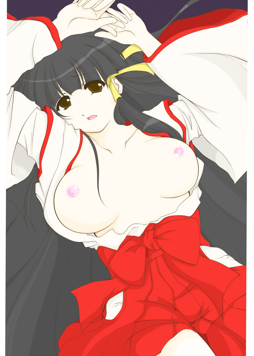 arcana_heart breasts hakama highres japanese_clothes kasuga_maori large_breasts lying miko nipples