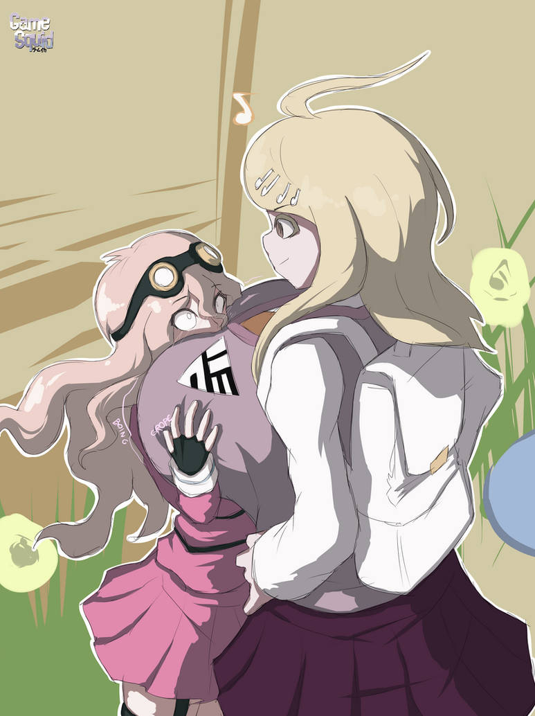 akamatsu kaede, alternate breast size, artist request, blonde hair, breasts, danganronpa, danganronpa v3, envy, female, groping, huge breasts, hyper breasts, iruma miu, size difference, smothering, straight hair, taller female
