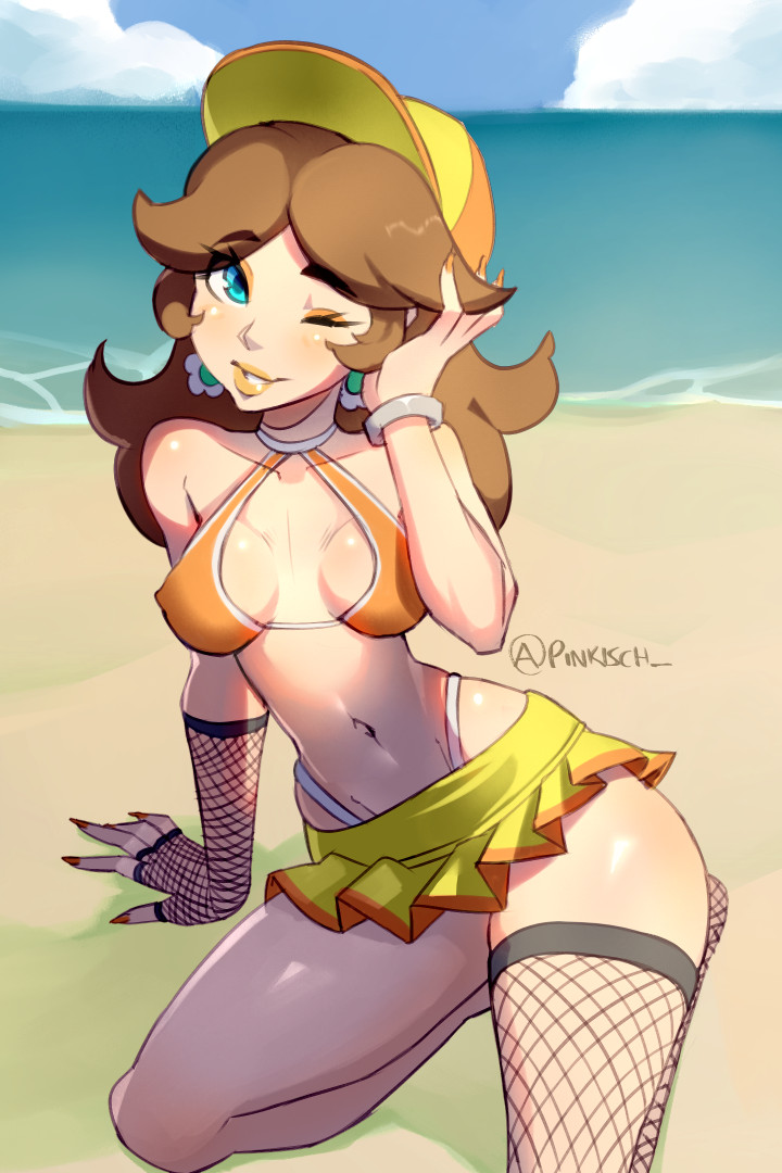 beach, female, fishnets, mario (series), nintendo, pinkisch , princess daisy, swimsuit, tagme, water