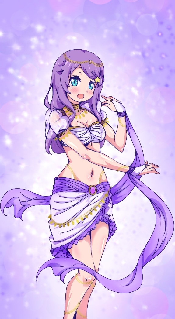 anastasia_hoshin arabian arabian_clothes belly_dancer belly_dancer_outfit blue_eyes blush gloves gold gold_jewelry hair_ornament harem_girl harem_outfit long_hair midriff navel purple_hair re:zero_kara_hajimeru_isekai_seikatsu star_ornament tatigami