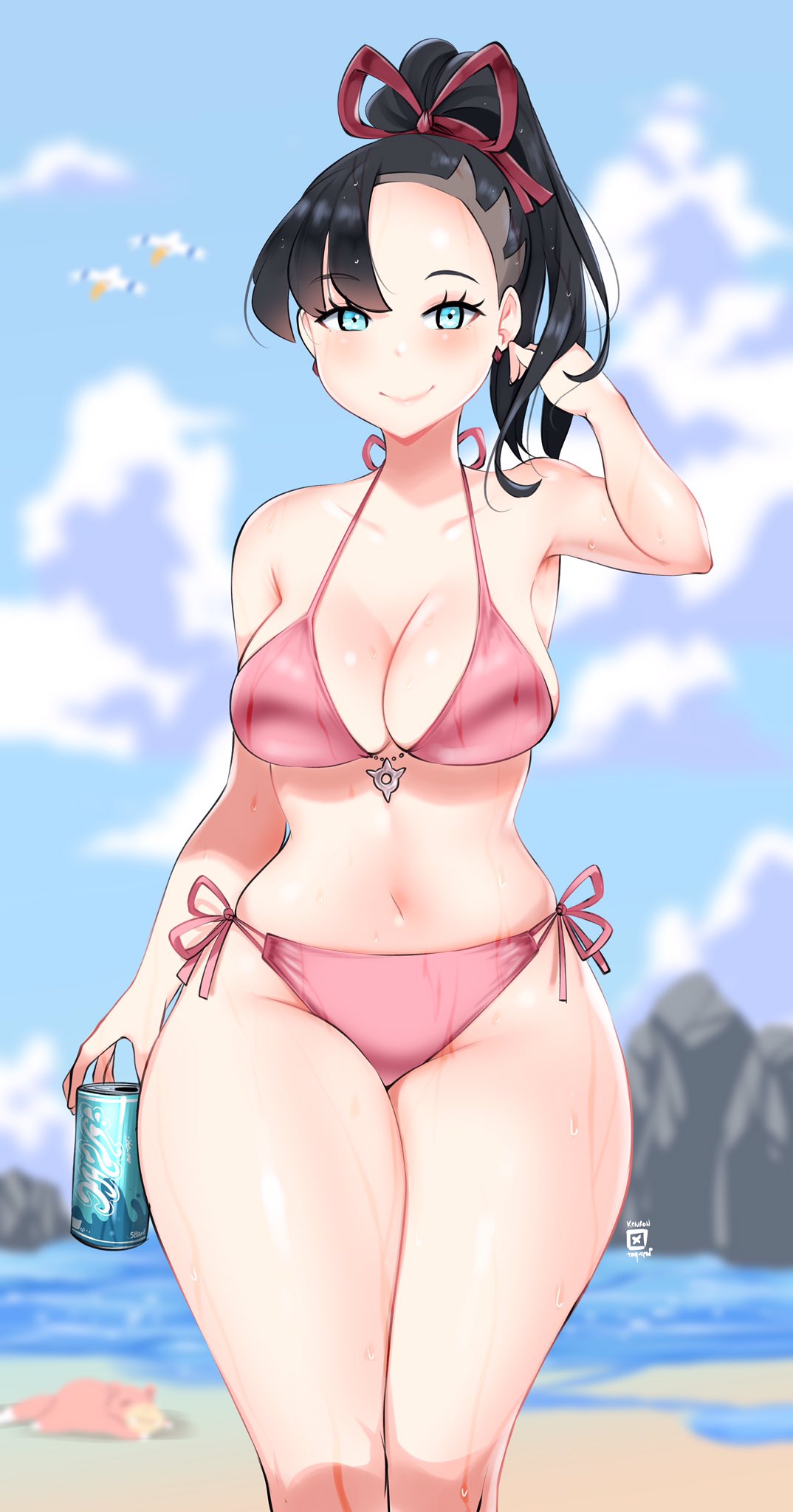 1girls 1pokemon 2022 aged_up alternate_hairstyle asymmetrical_hair bangs beach bikini black_hair blue_eyes blush breasts female female_only hair_over_one_eye hi_res hips holding_object kenron_toqueen large_breasts long_hair looking_at_viewer marnie_(pokemon) nintendo octoosr outdoors pink_bikini pokémon_(species) pokemon pokemon_ss ponytail slim_waist slowpoke smile solo thick_thighs thighs wide_hips