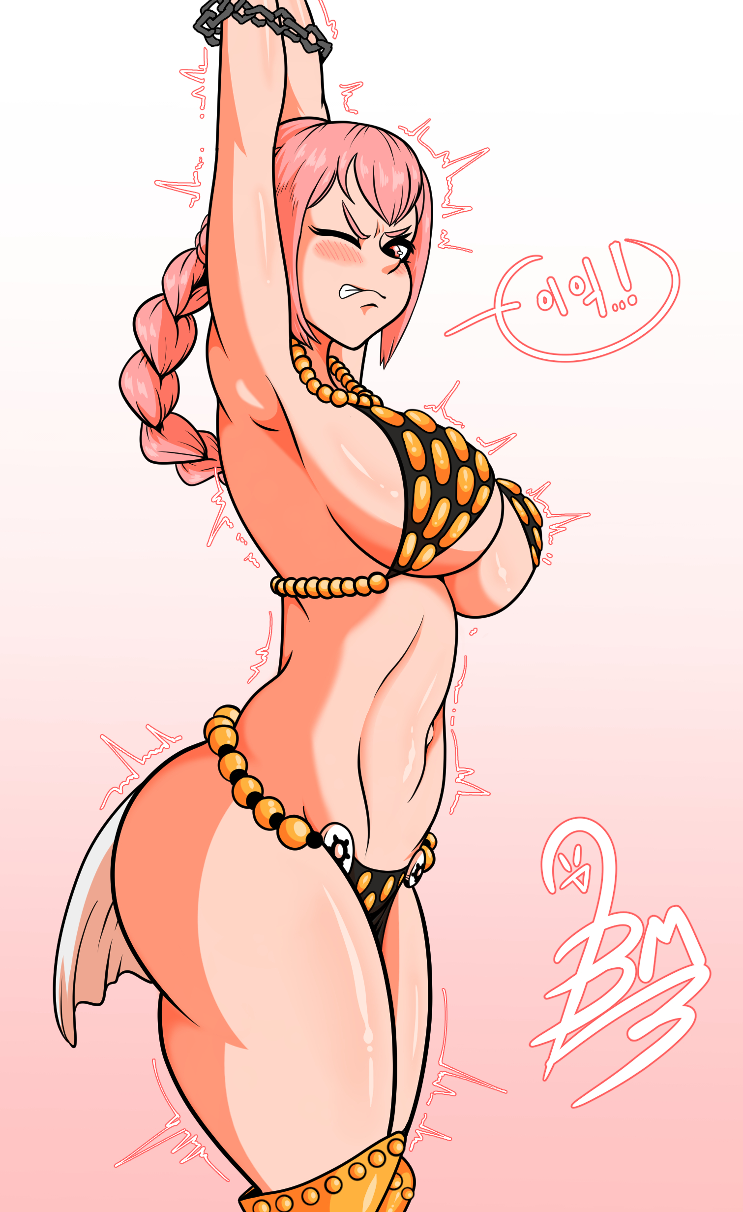 1girls, bangs, bbumbbum, bikini armor, bound, braided ponytail, chains, female, female only, korean text, one piece, pink hair, pink-haired female, ponytail, rebecca (one piece), sole female, teenage female, teenager, thick, voluptuous teenager