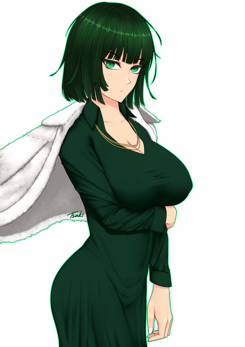 1girls arm_grab ass big_breasts cleavage clothed clothing coat covered_navel covered_nipples curvy curvy_female curvy_figure dress eye_contact female female_focus female_only front_view fubuki_(one-punch_man) green_eyes green_hair hips jewelry large_breasts light-skinned_female light_skin long_sleeves looking_at_viewer necklace nipple_bulge one-punch_man side_view solo solo_female solo_focus thick_thighs thighs tight_clothing tsuki_riven voluptuous white_background