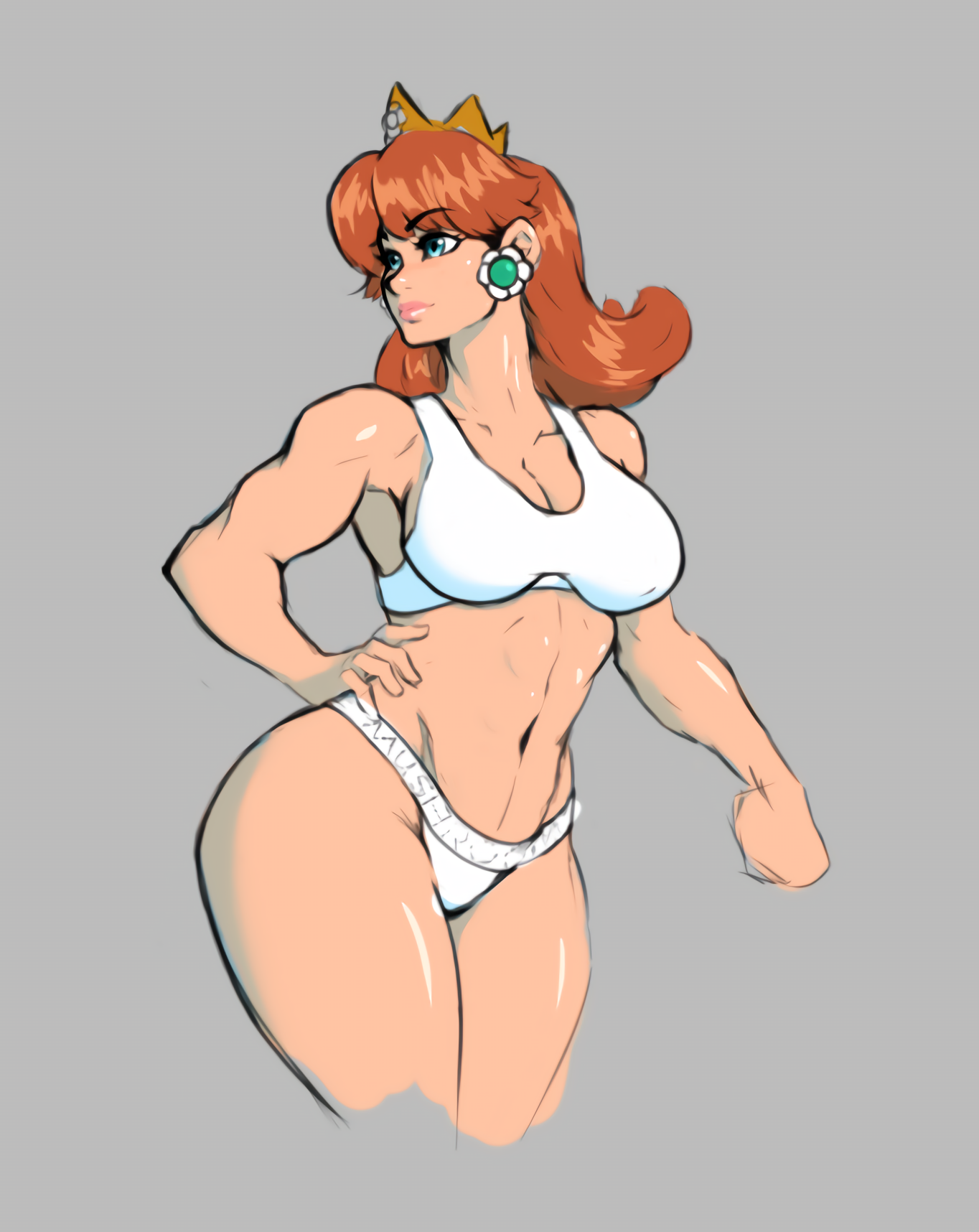 alternate breast size, breasts, buff, female, huge breasts, majorursus, mario (series), muscular, muscular female, nintendo, princess daisy, underwear, white bikini, white bra, white panties, white underwear