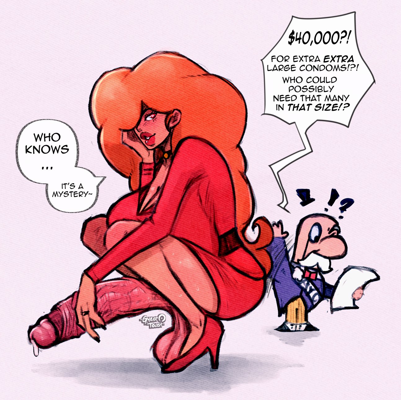 1boy, 1futa, balls, balls under clothes, big balls, big hair, bimbo, bottomless, bottomless skirt, breasts, business suit, clothed, clothing, dickgirl, erection, erection under clothes, erection under skirt, futa focus, futa on male, futanari, gyzertoast, hair over one eye, high heels, huge cock, human, intersex, light skin, light-skinned futa, lips, lipstick, long hair, makeup, male, mayor mayor, mostly clothed, orange hair, penis, penis out, penis under clothes, penis under skirt, powerpuff girls, precum, precum drip, red hair, red jacket, red lips, red lipstick, red skirt, sagging balls, sara bellum, skirt, squatting, unaware, veiny penis