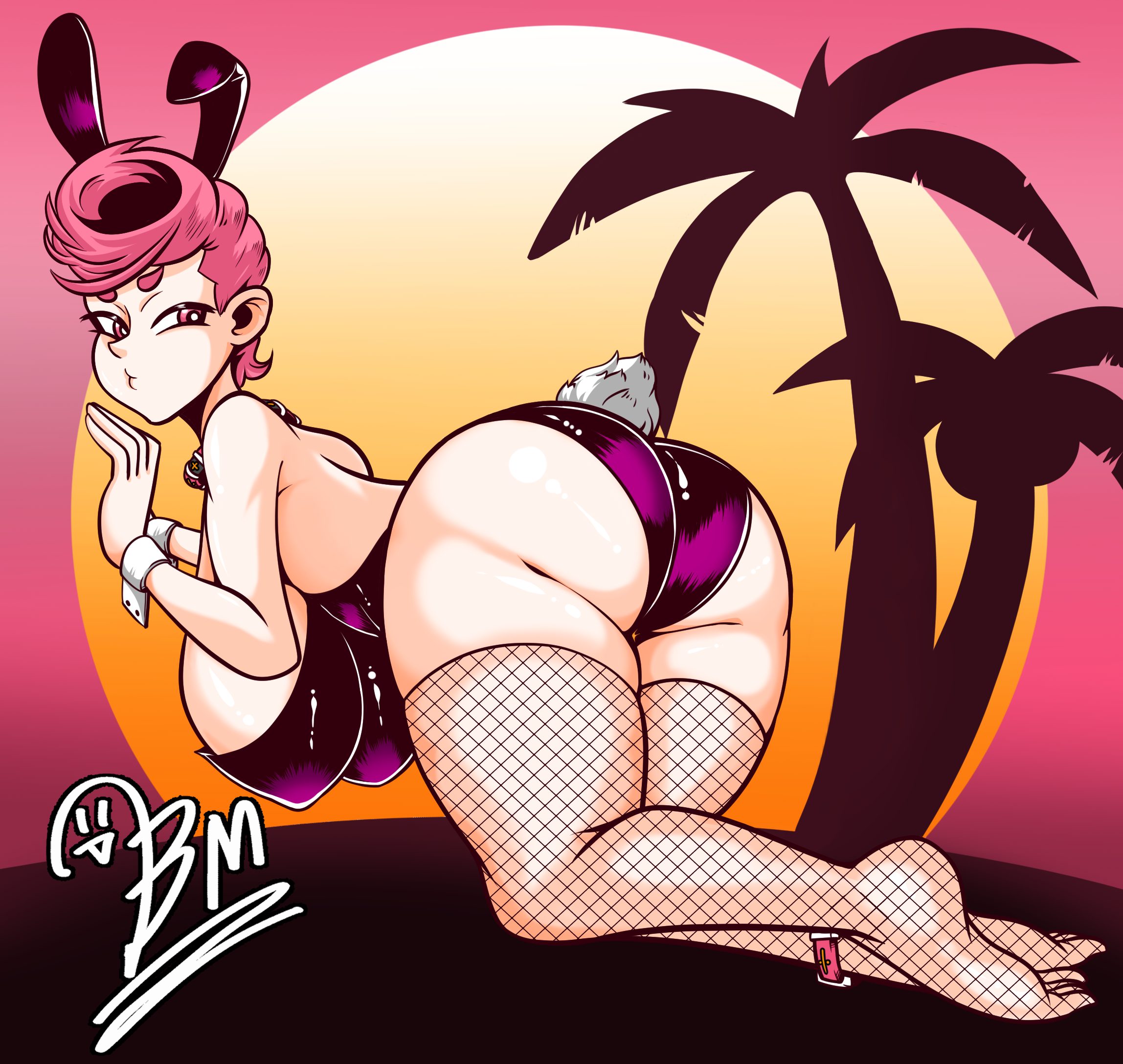 1girls, 2022, ass, bbumbbum, big ass, big breasts, breasts, bunny ears, bunnysuit, female, female only, fishnets, fully clothed, huge ass, huge breasts, human, jojo's bizarre adventure, lace, large ass, large breasts, light skin, light-skinned female, palm tree, pink eyes, pink hair, short hair, shounen jump, sole female, solo, thick thighs, thighs, trish una, vento aureo, wide hips