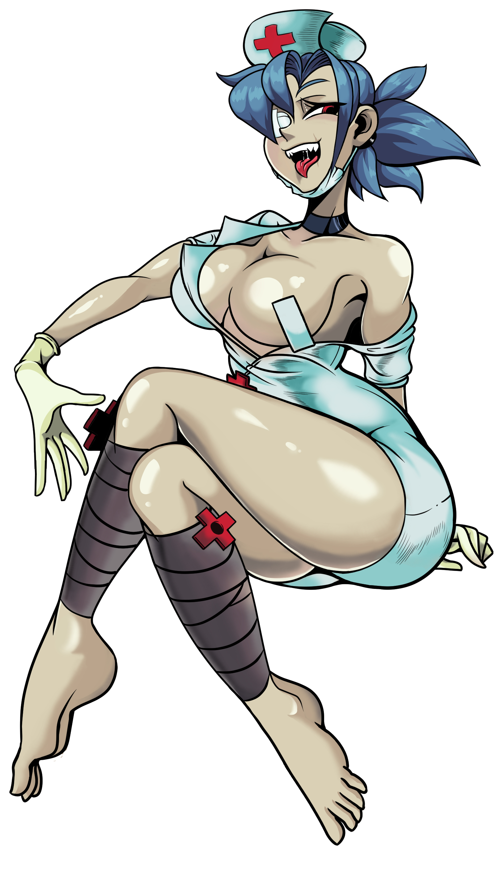 bandage, bandaged leg, bbumbbum, blue hair, choker, eye patch, eyepatch, fangs, female, gloves, nurse, nurse uniform, red eyes, skullgirls, tongue, tongue out, valentine (skullgirls)