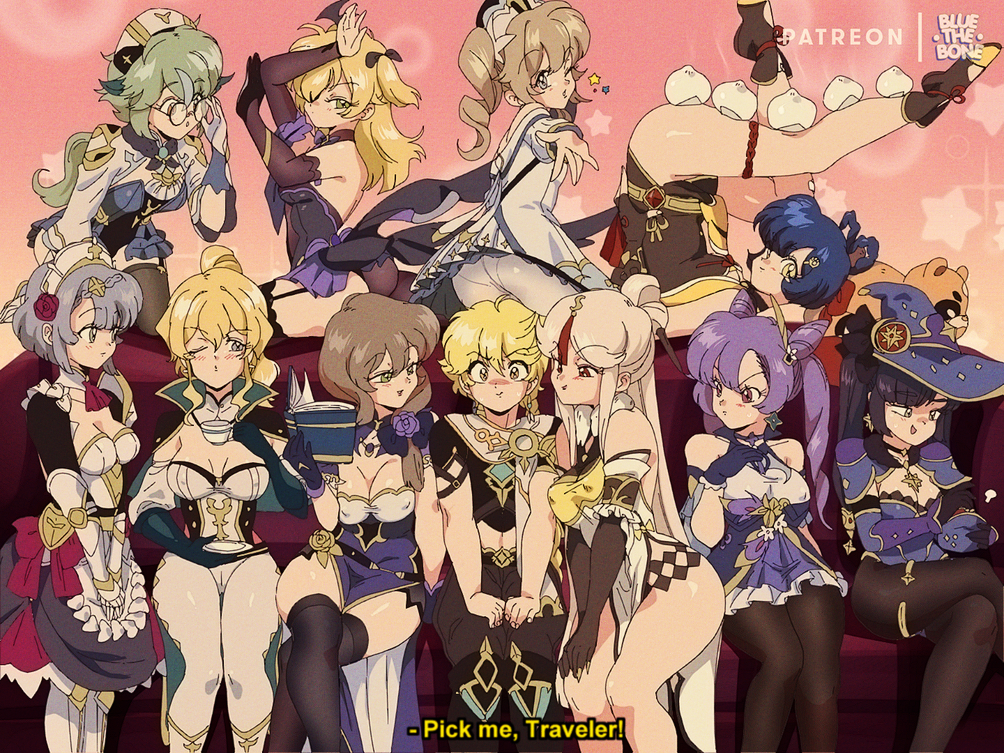 10girls, 1boy, 6+girls, aether (genshin impact), barbara (genshin impact), bluethebone, blush, blushing, clothed, clothed female, clothed male, female, fischl (genshin impact), genshin impact, guoba (genshin impact), jean gunnhildr, keqing (genshin impact), lisa (genshin impact), male, mona (genshin impact), multiple females, multiple girls, ningguang (genshin impact), noelle (genshin impact), nun, retro artstyle, sucrose (genshin impact), xiangling (genshin impact)