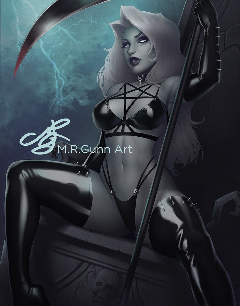 dominant goddess lady_death latex long_hair mrgunnart red_lips scythe white_eyes white_hair