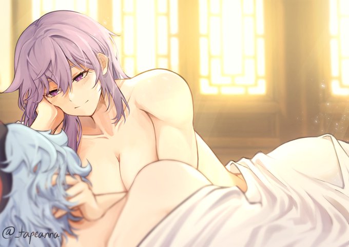2d (artwork), 2girls, blue hair, female, ganyu (genshin impact), genshin impact, half-dressed, indoors, keqing (genshin impact), light skin, light-skinned female, lying, lying on bed, morning, multiple females, multiple girls, purple hair, tapeanna, wholesome, yuri
