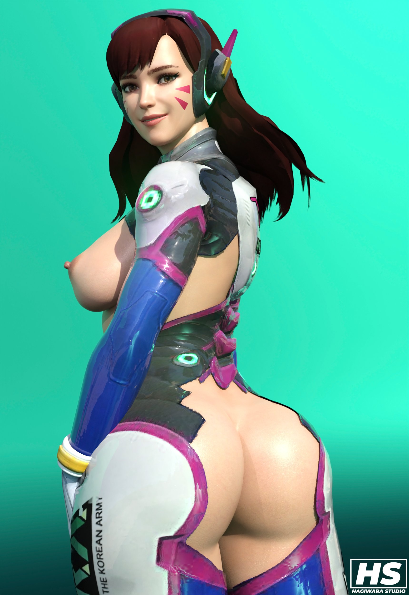 1girls, 3d, ass, big ass, big breasts, blizzard entertainment, breasts, brown hair, d.va, female, female only, functionally nude, hagiwara studio, hana song, overwatch, sideboob, solo, thick thighs, wide hips