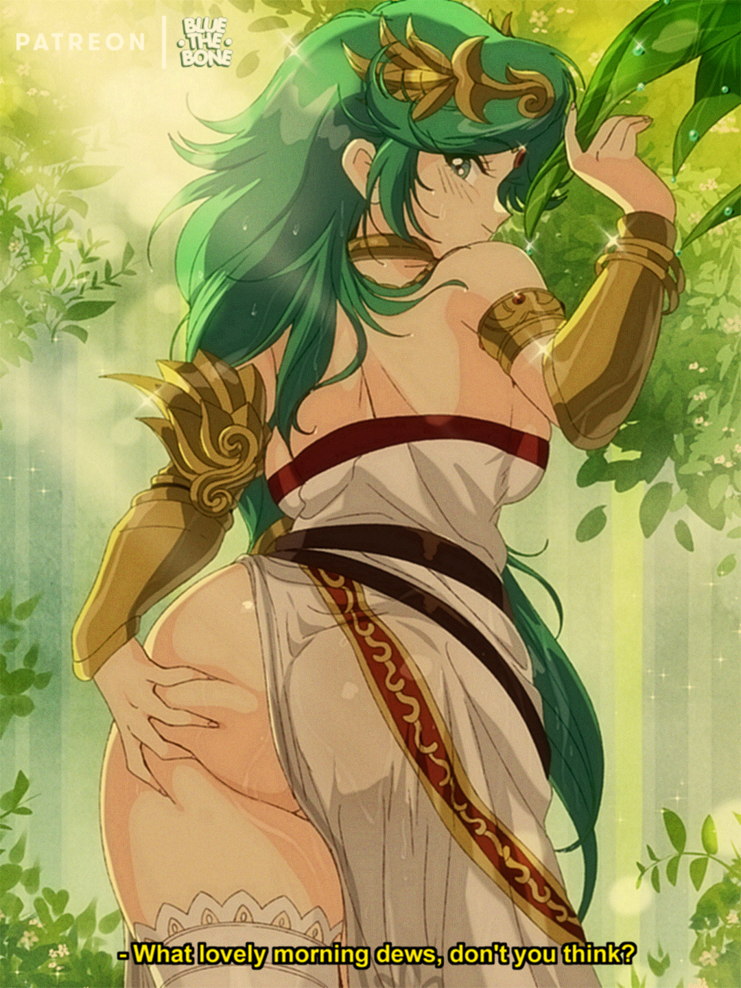 1girls, ass, ass focus, ass grab, ass squeeze, bluethebone, breasts, busty, butt focus, butt grab, butt squeeze, clothed, clothed female, english text, female, female only, forest, grabbing, grabbing own ass, green hair, horny, kid icarus, kid icarus uprising, long hair, looking back, looking back at viewer, nintendo, palutena, retro artstyle, solo, solo female, squeezing ass, squeezing butt, thick thighs, thighhighs, thighs, voluptuous